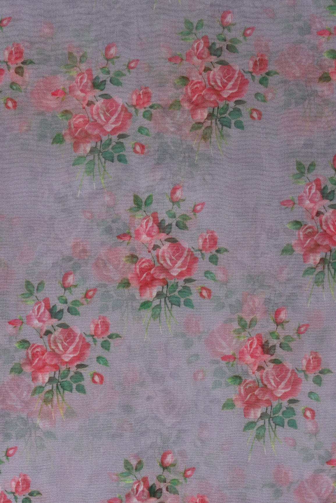 Pink And Green Beautiful Floral Digital Print On Grey Organza Fabric - doeraa
