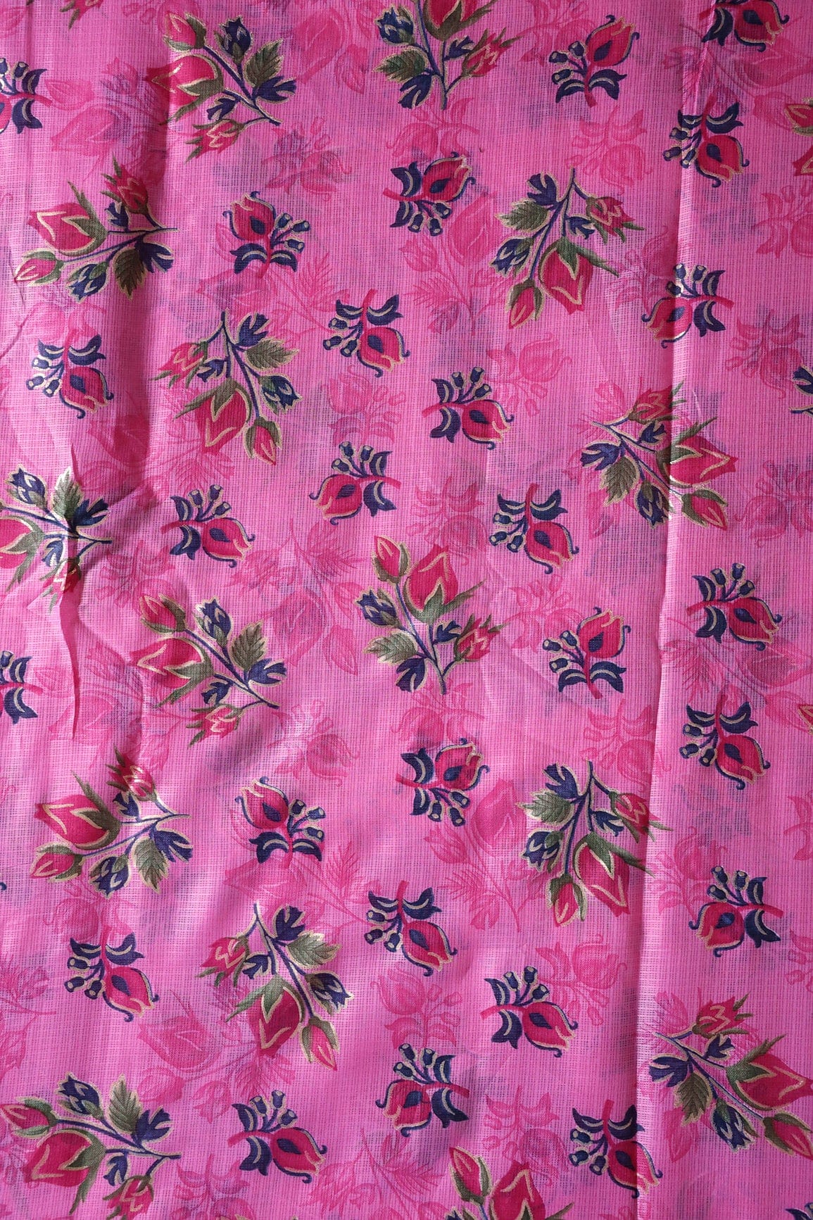 Pink And Green Floral Pattern Foil Print On Dark Pink Kota Doria Fabric - doeraa