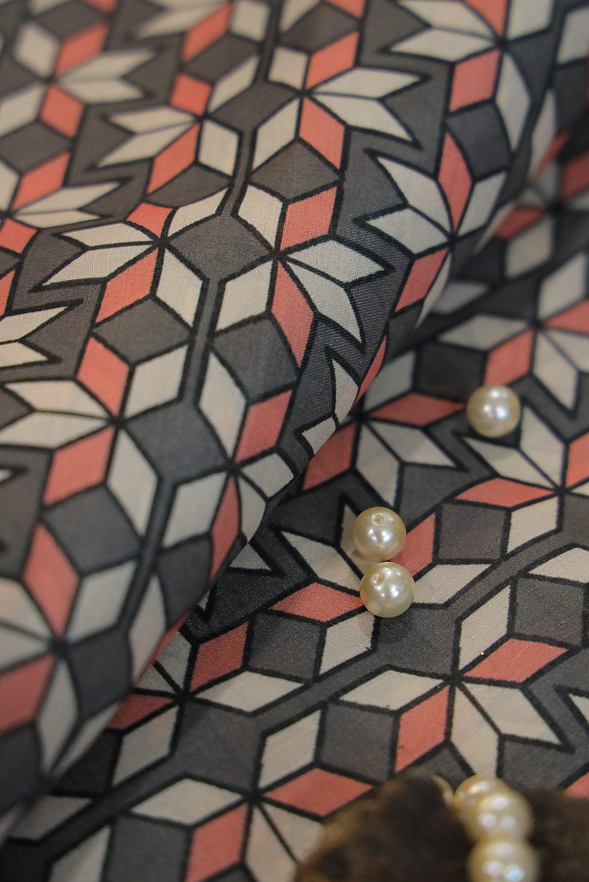 Pink and Grey Floral Geometric Digital Print on Tussar Satin Fabric - doeraa
