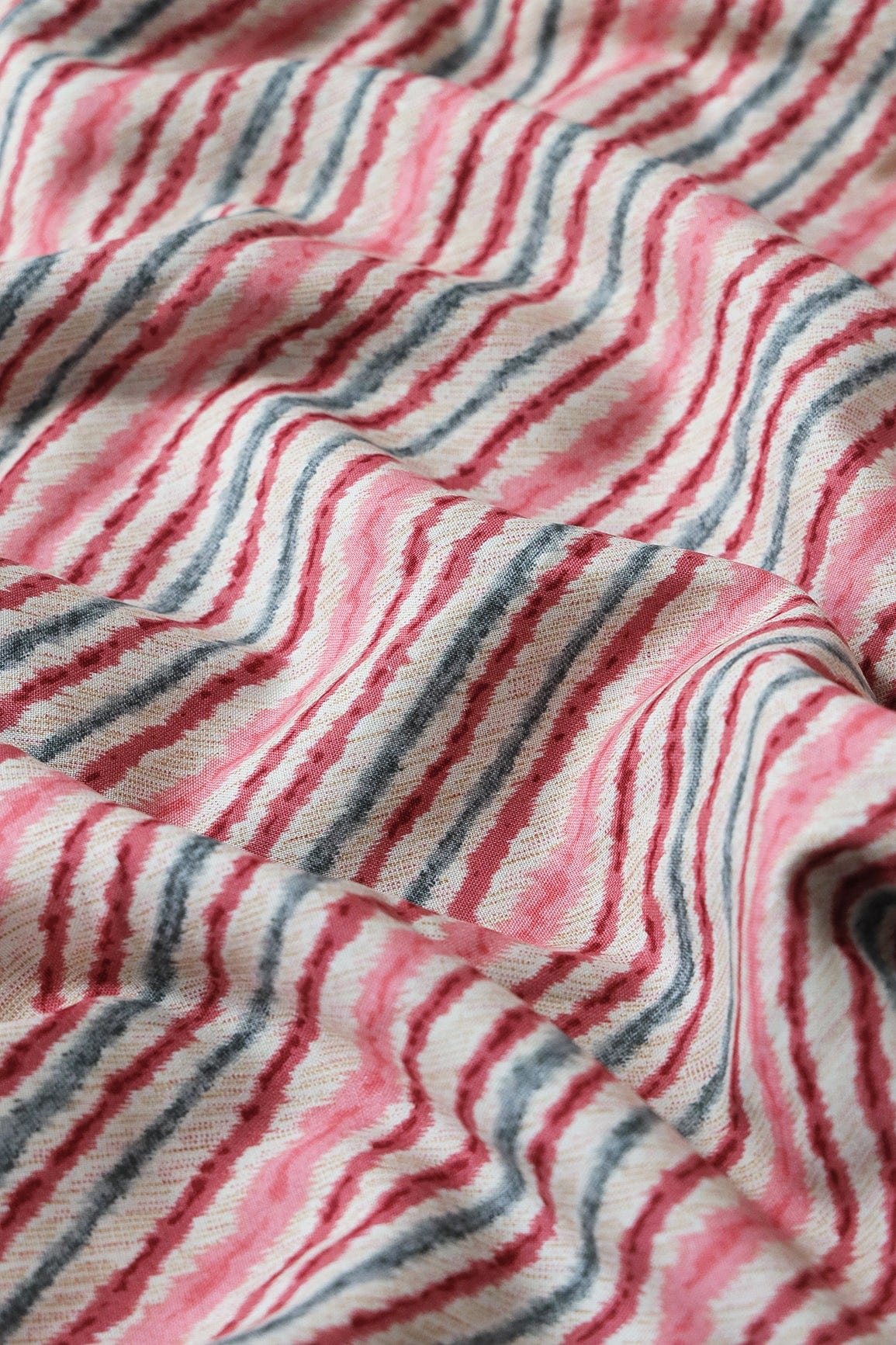 Pink And Grey Stripes Pattern Print On Light beige Pure Rayon Fabric - doeraa