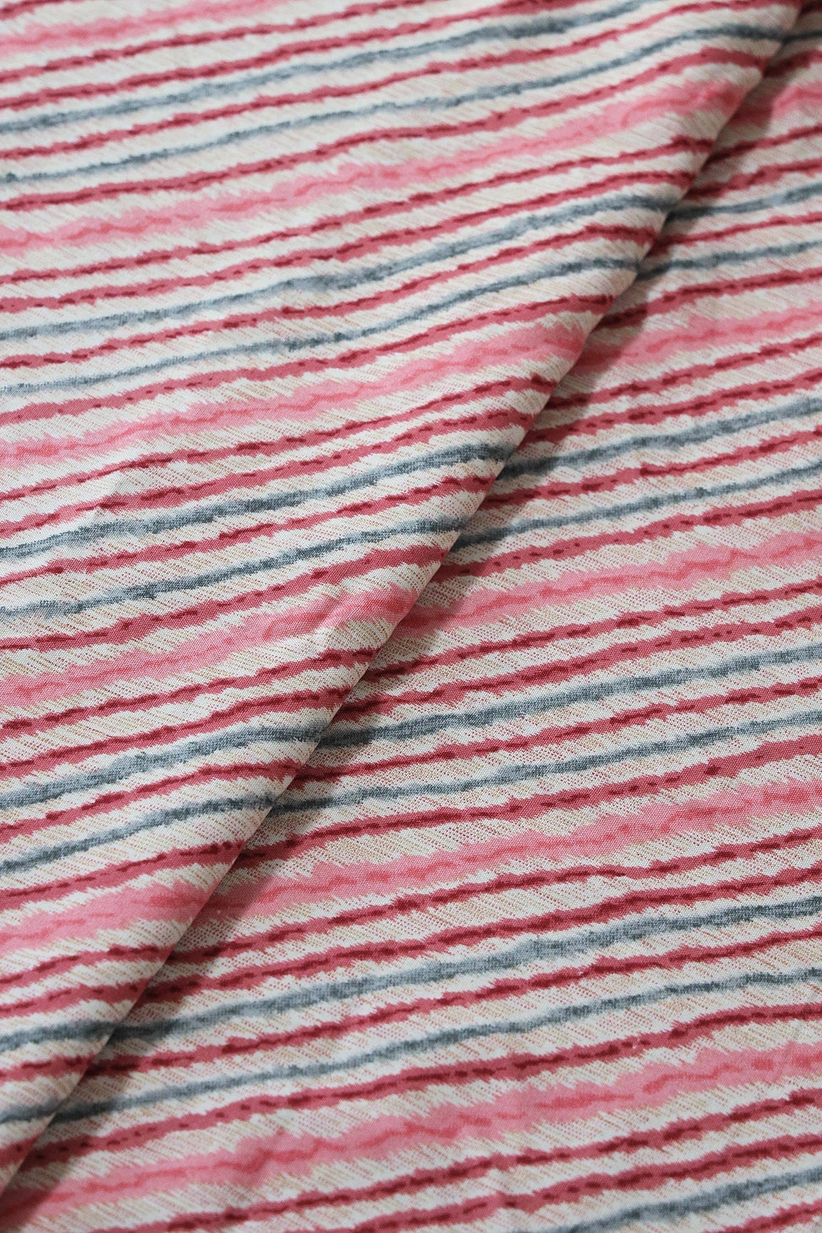 Pink And Grey Stripes Pattern Print On Light beige Pure Rayon Fabric - doeraa