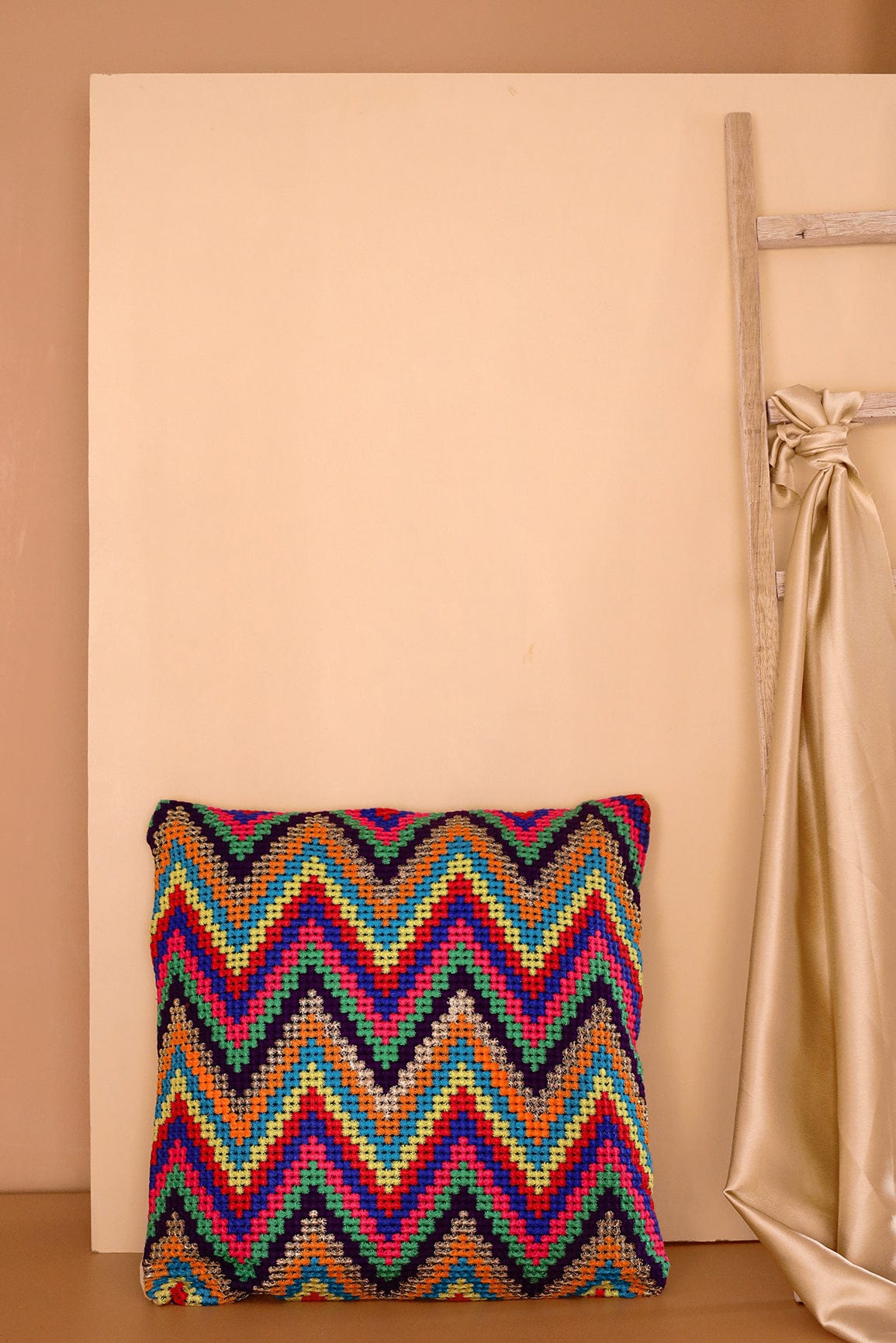 Rainbow colours Zig-Zag Embroidery on off white cotton Cushion Cover (16*16 inches) - doeraa