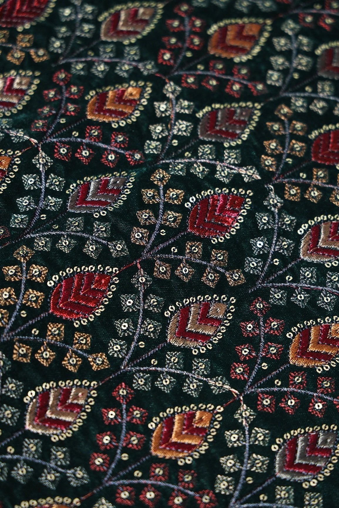 Red And Cream Thread With Gold Sequins Leafy Embroidery Work On Bottle Green Velvet Fabric - doeraa