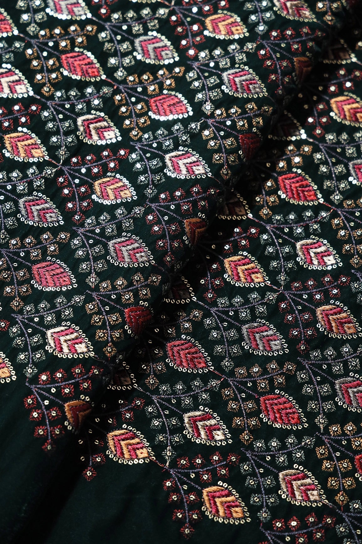 Red And Cream Thread With Gold Sequins Leafy Embroidery Work On Bottle Green Velvet Fabric - doeraa