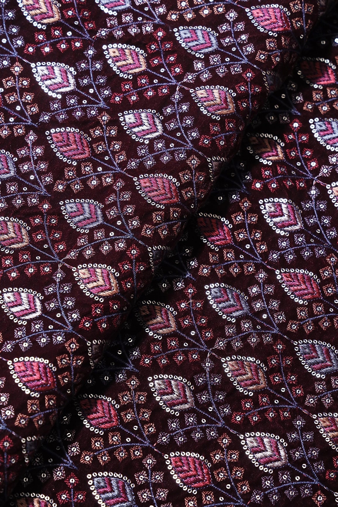 Red And Cream Thread With Gold Sequins Leafy Embroidery Work On Brown Velvet Fabric - doeraa