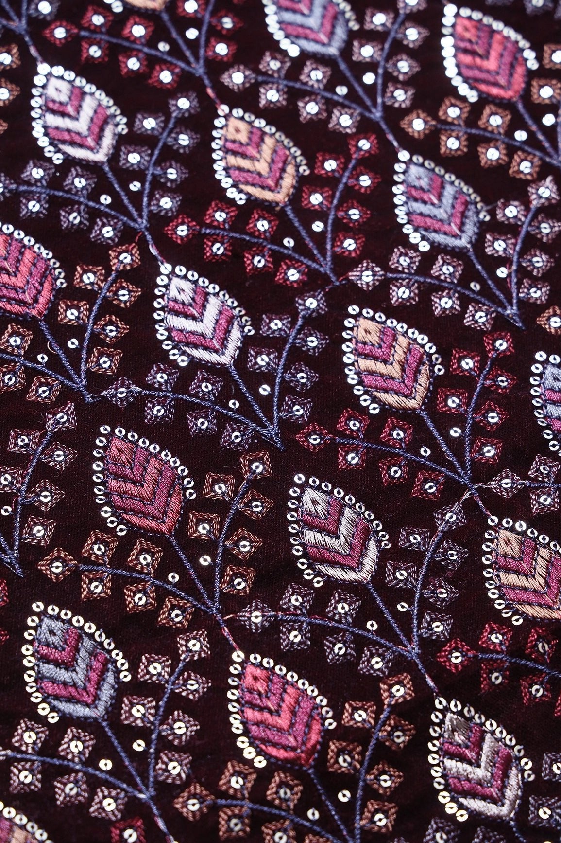 Red And Cream Thread With Gold Sequins Leafy Embroidery Work On Brown Velvet Fabric - doeraa
