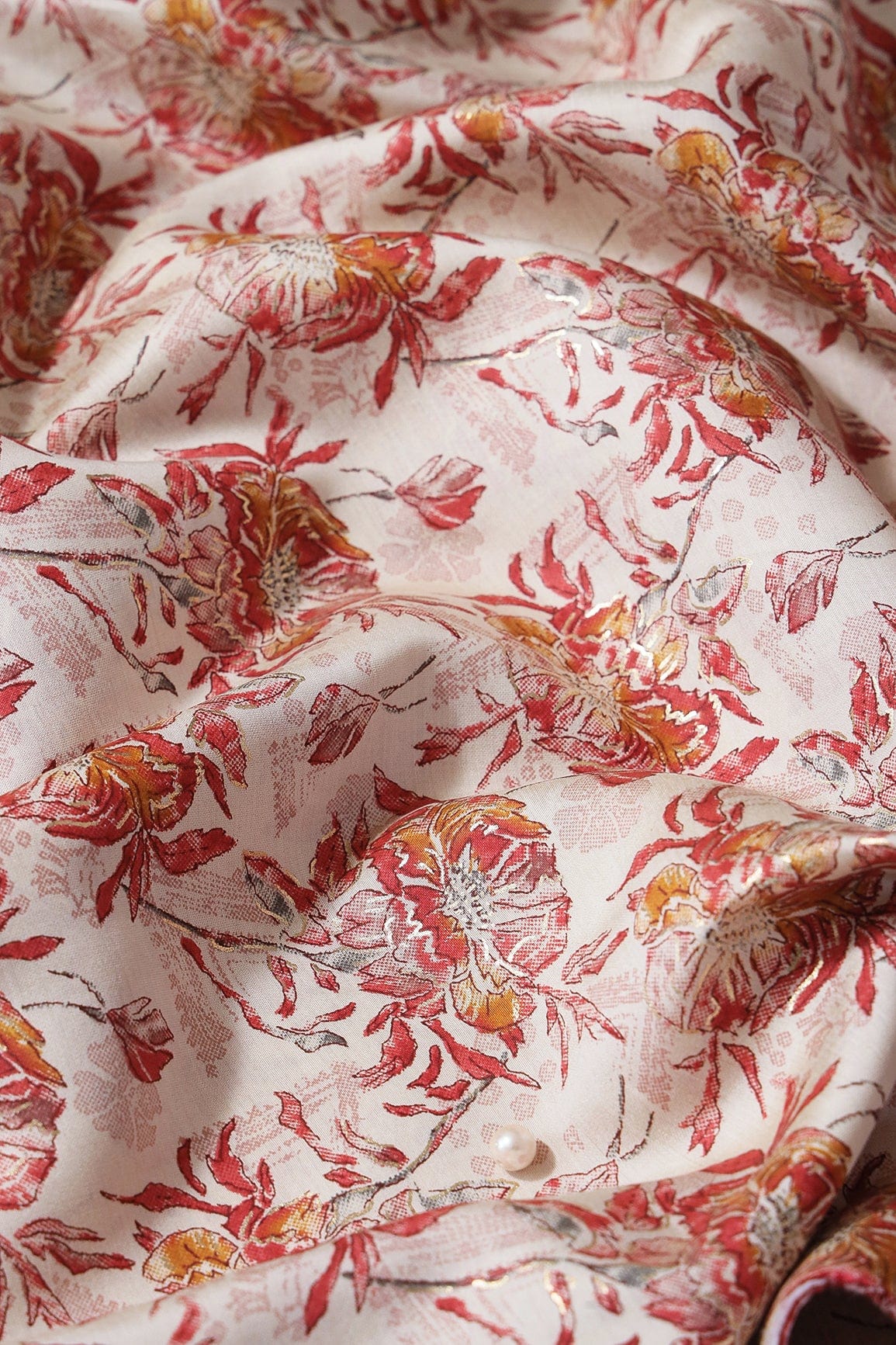Red And Mustard Floral Foil Print On Off White Viscose Chanderi Silk Fabric - doeraa