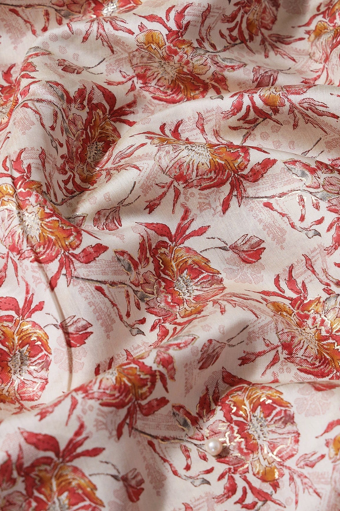 Red And Mustard Floral Foil Print On Off White Viscose Chanderi Silk Fabric - doeraa