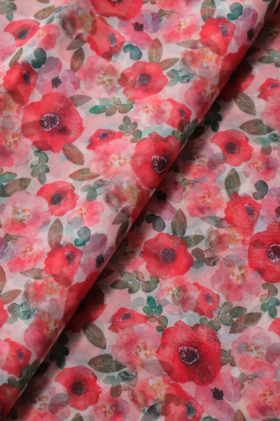 Red And Pink Floral Pattern Digital Print On White Organza Fabric - doeraa