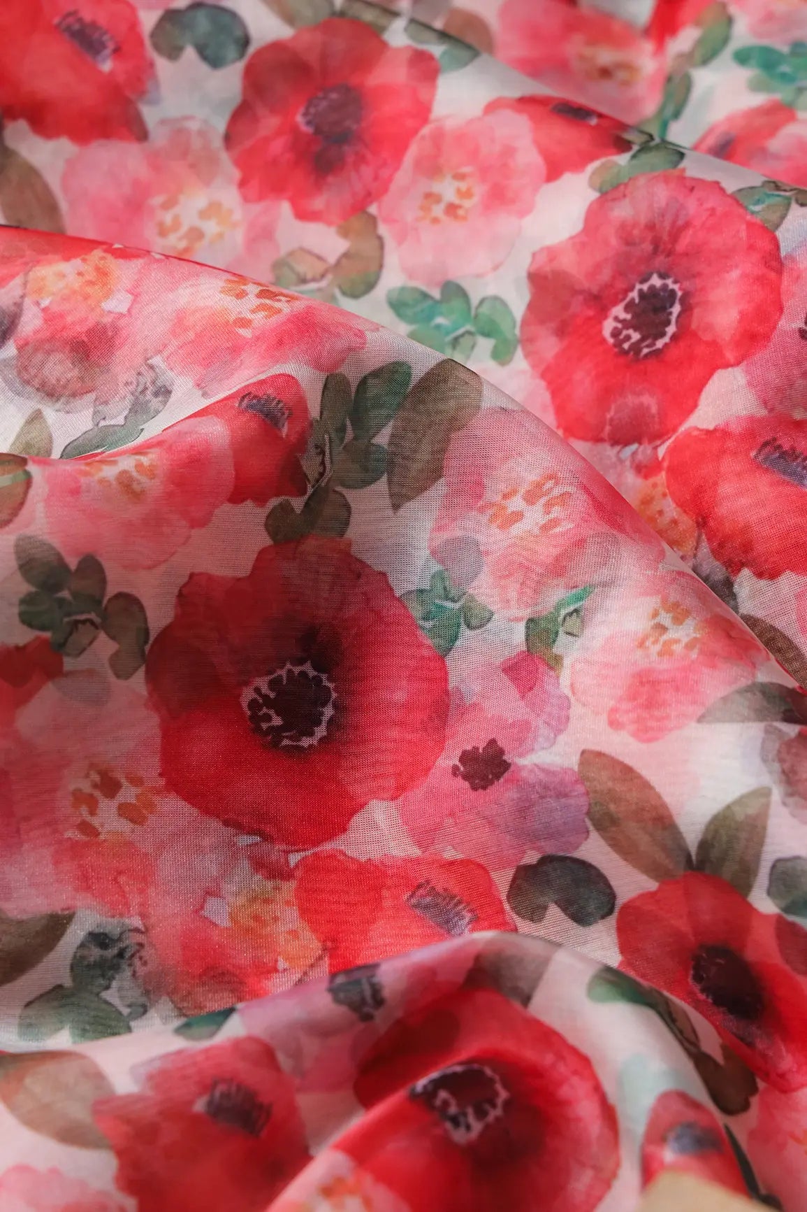 Red And Pink Floral Pattern Digital Print On White Organza Fabric - doeraa