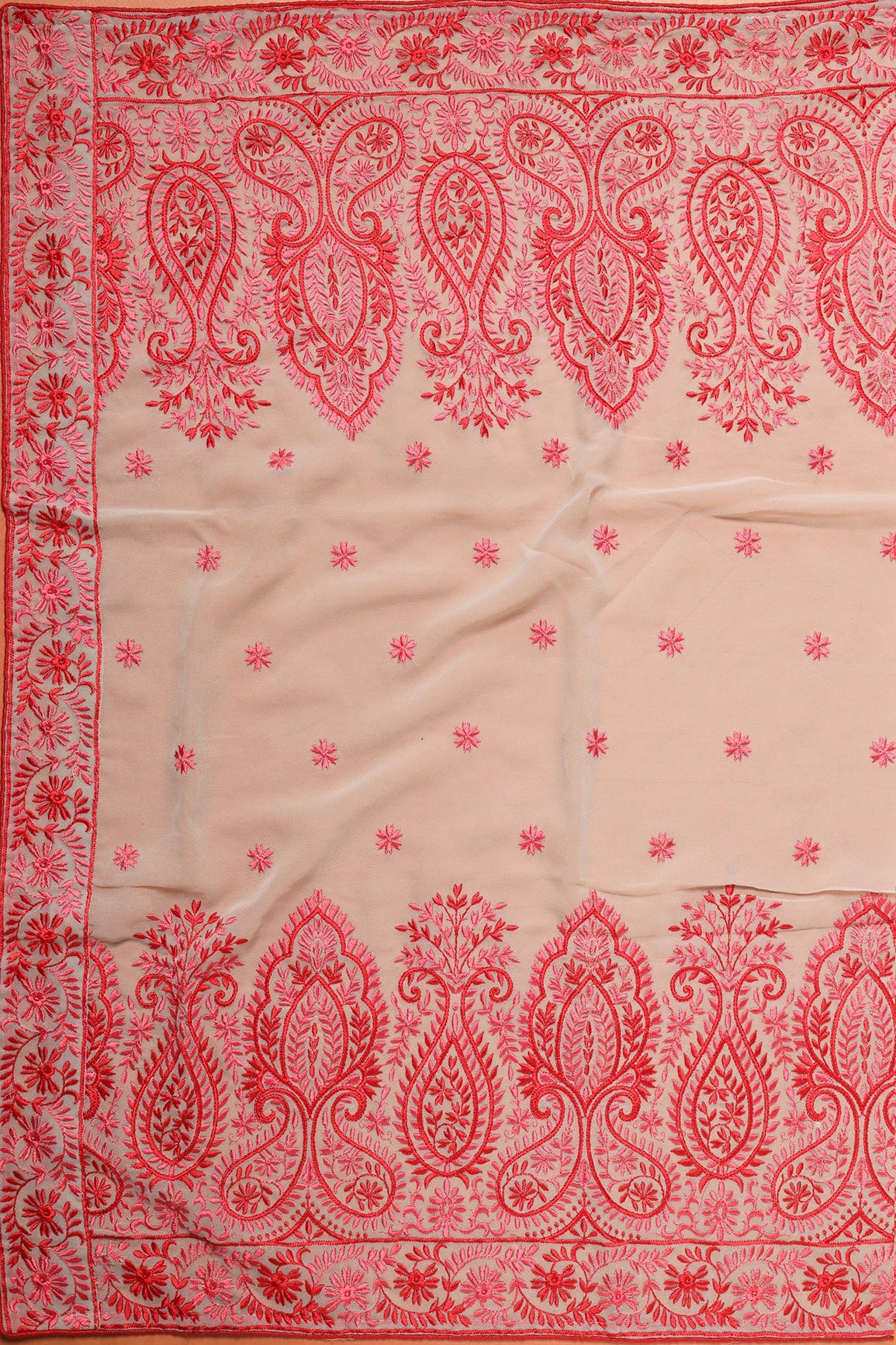 Red And Pink Thread Heavy Traditional Embroidery Work On Light Grey Georgette Dupatta With Border - doeraa