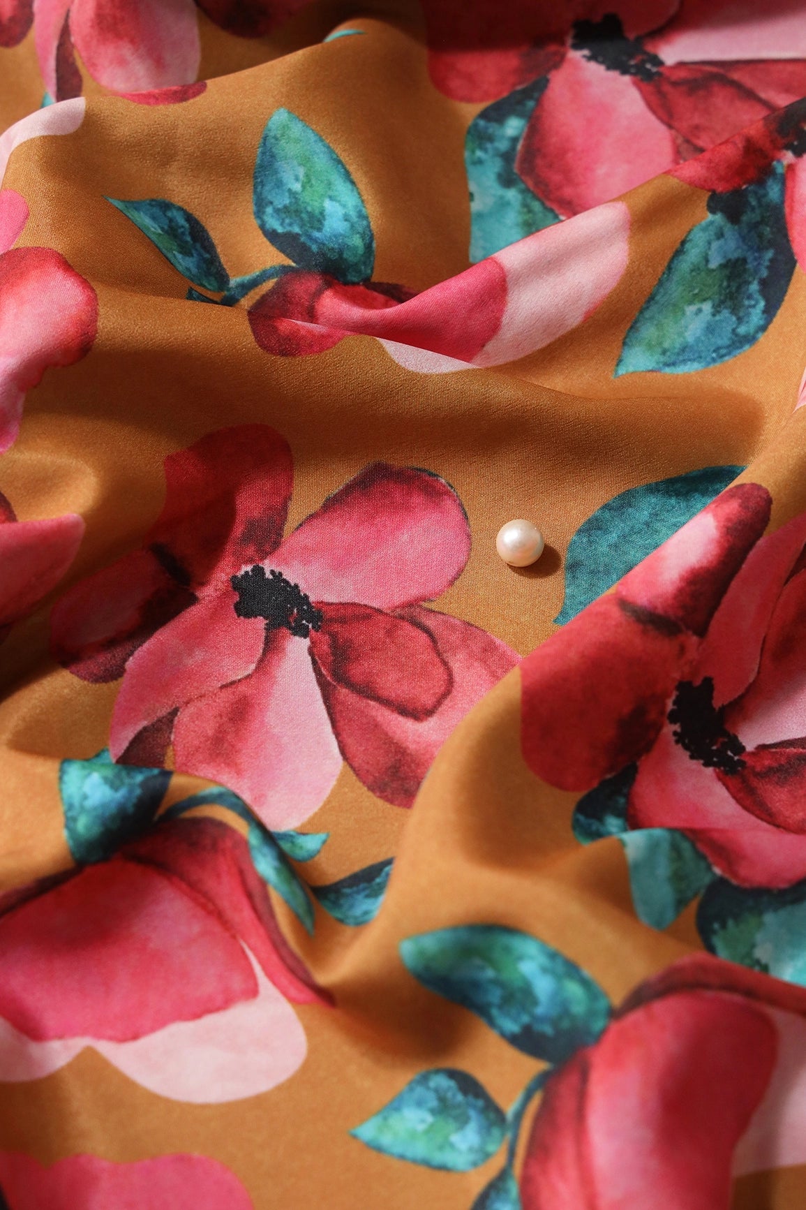 Red And Turquoise Floral Digital Print On Mustard Yellow Crepe Fabric - doeraa