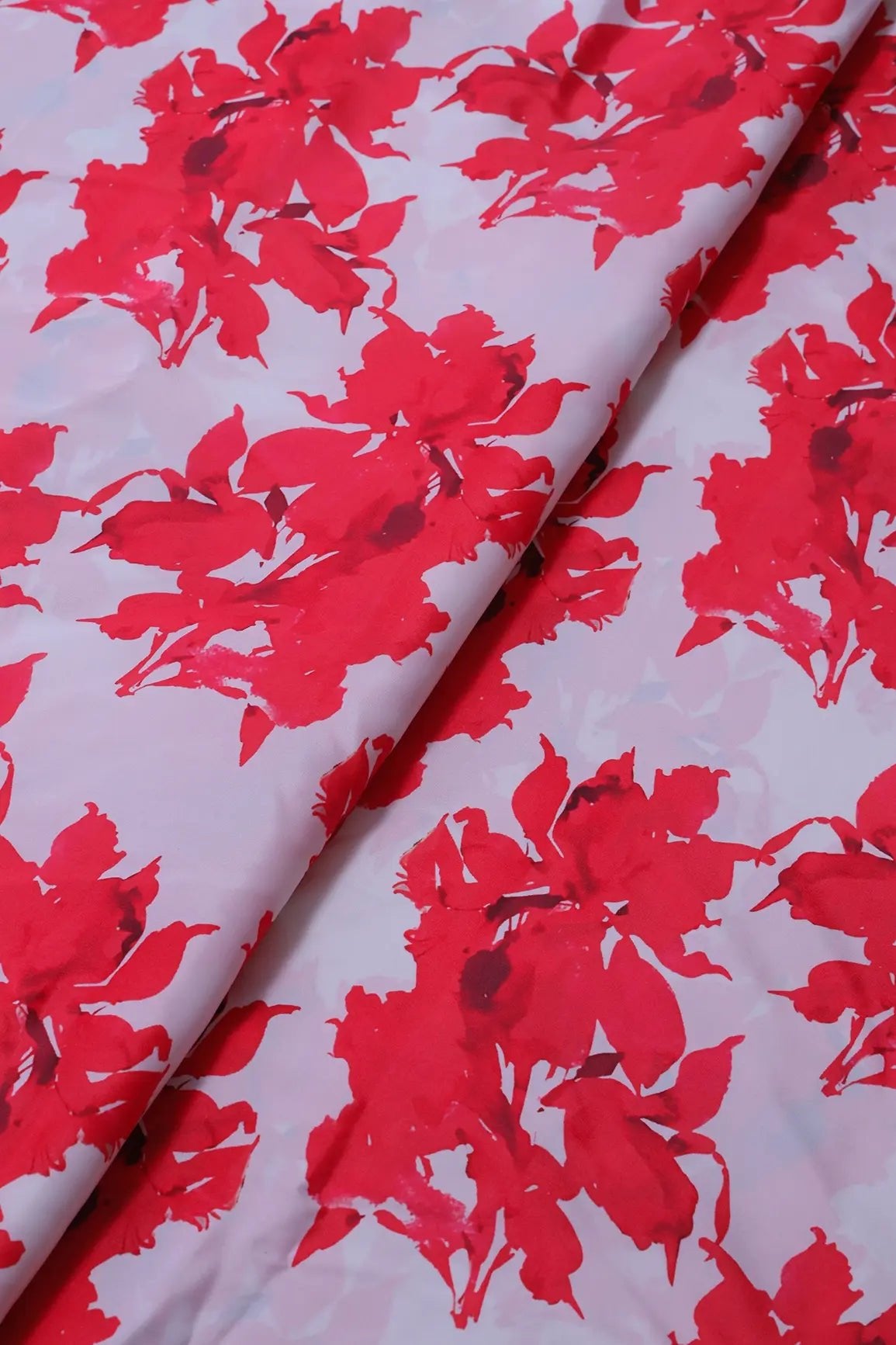 Red And White Floral Pattern Digital Print On French Crepe Fabric - doeraa