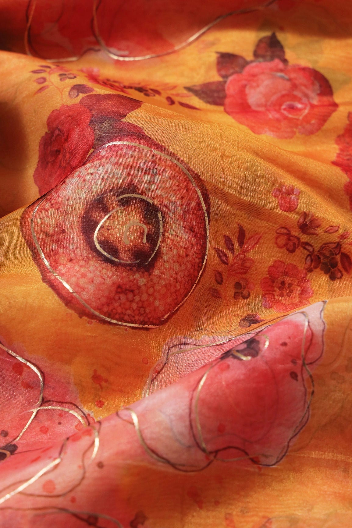 Red Beautiful Floral Digital Foil Print On Yellow Ochre Organza Fabric - doeraa