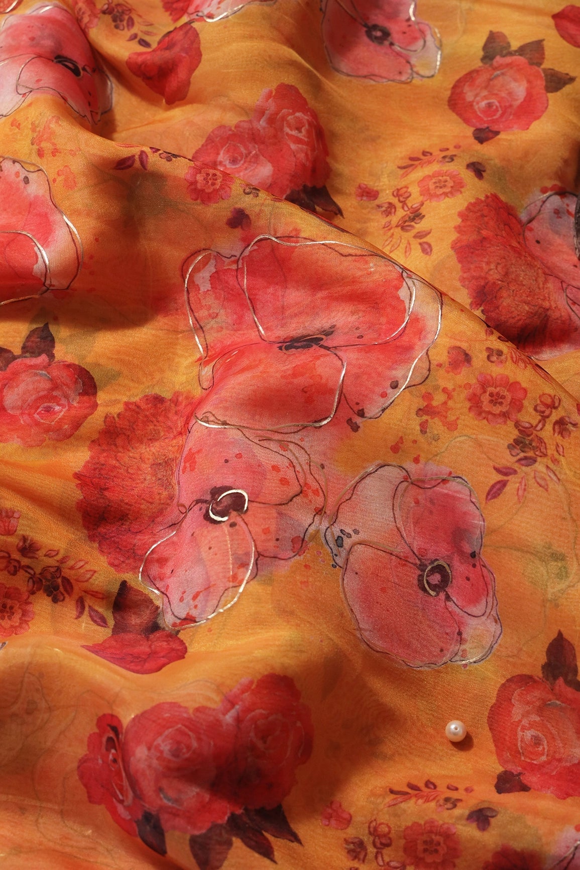 Red Beautiful Floral Digital Foil Print On Yellow Ochre Organza Fabric - doeraa