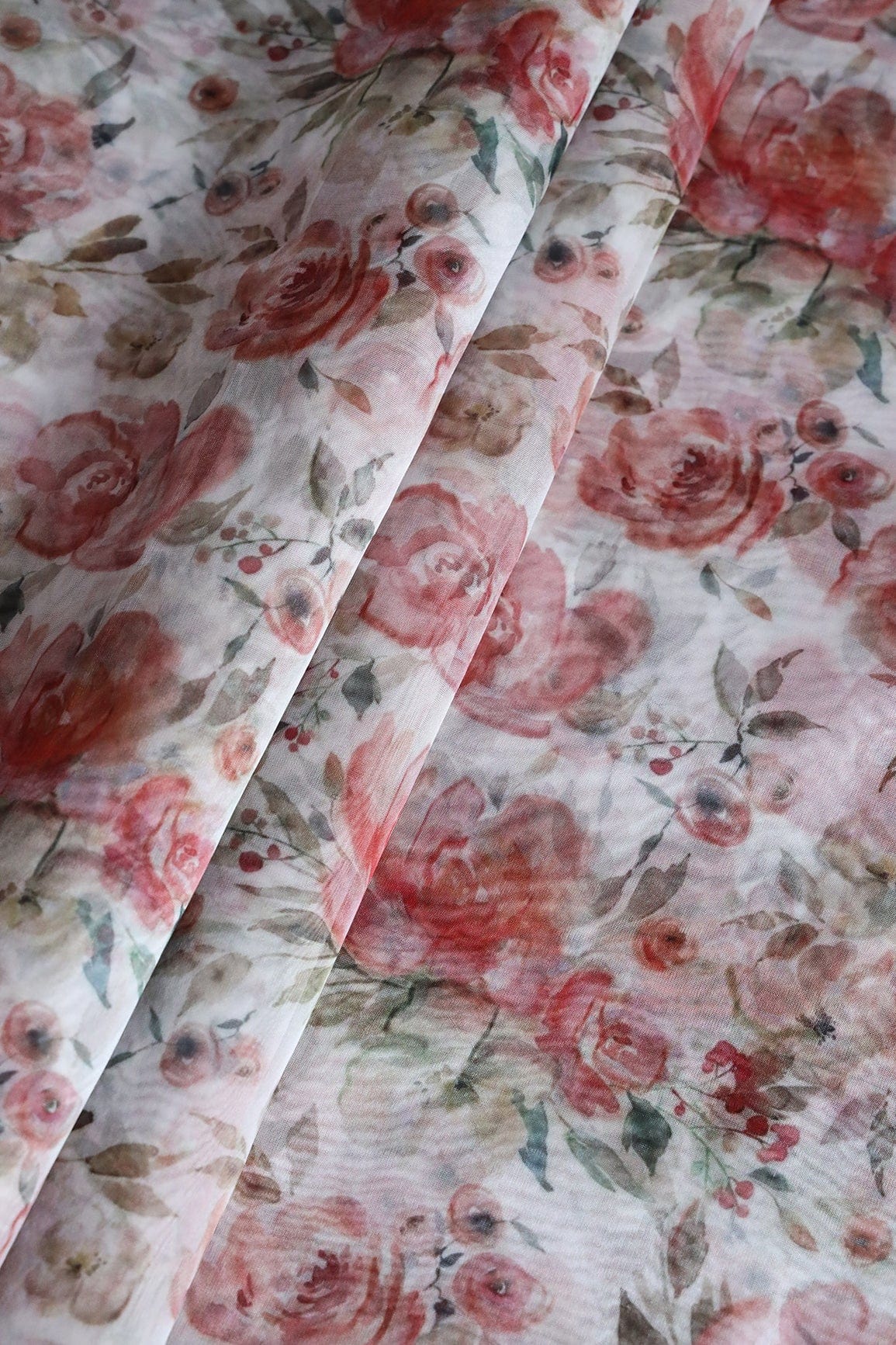 Red Beautiful Floral Digital Print On White Organza Fabric - doeraa