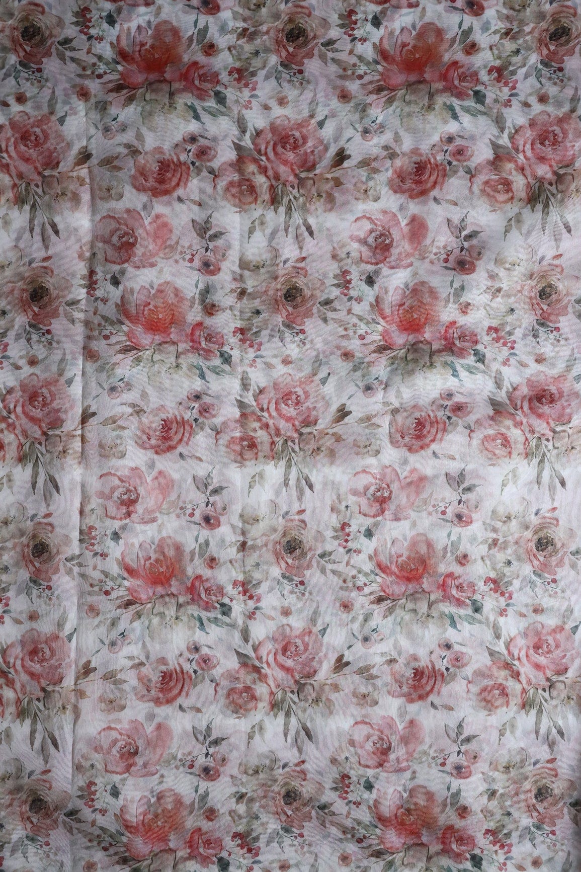 Red Beautiful Floral Digital Print On White Organza Fabric - doeraa