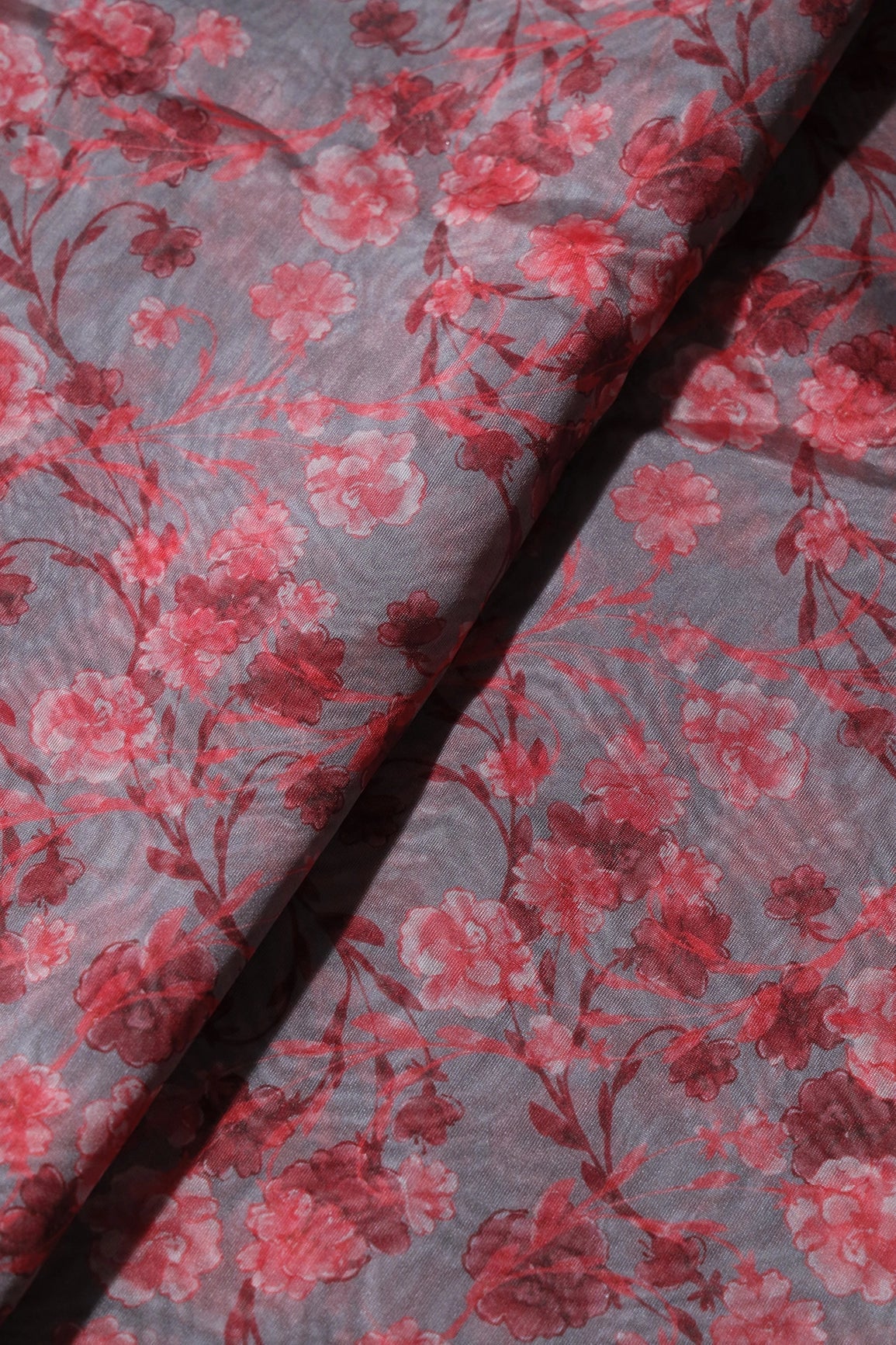 Red Floral Pattern Digital Print On Grey Organza Fabric - doeraa
