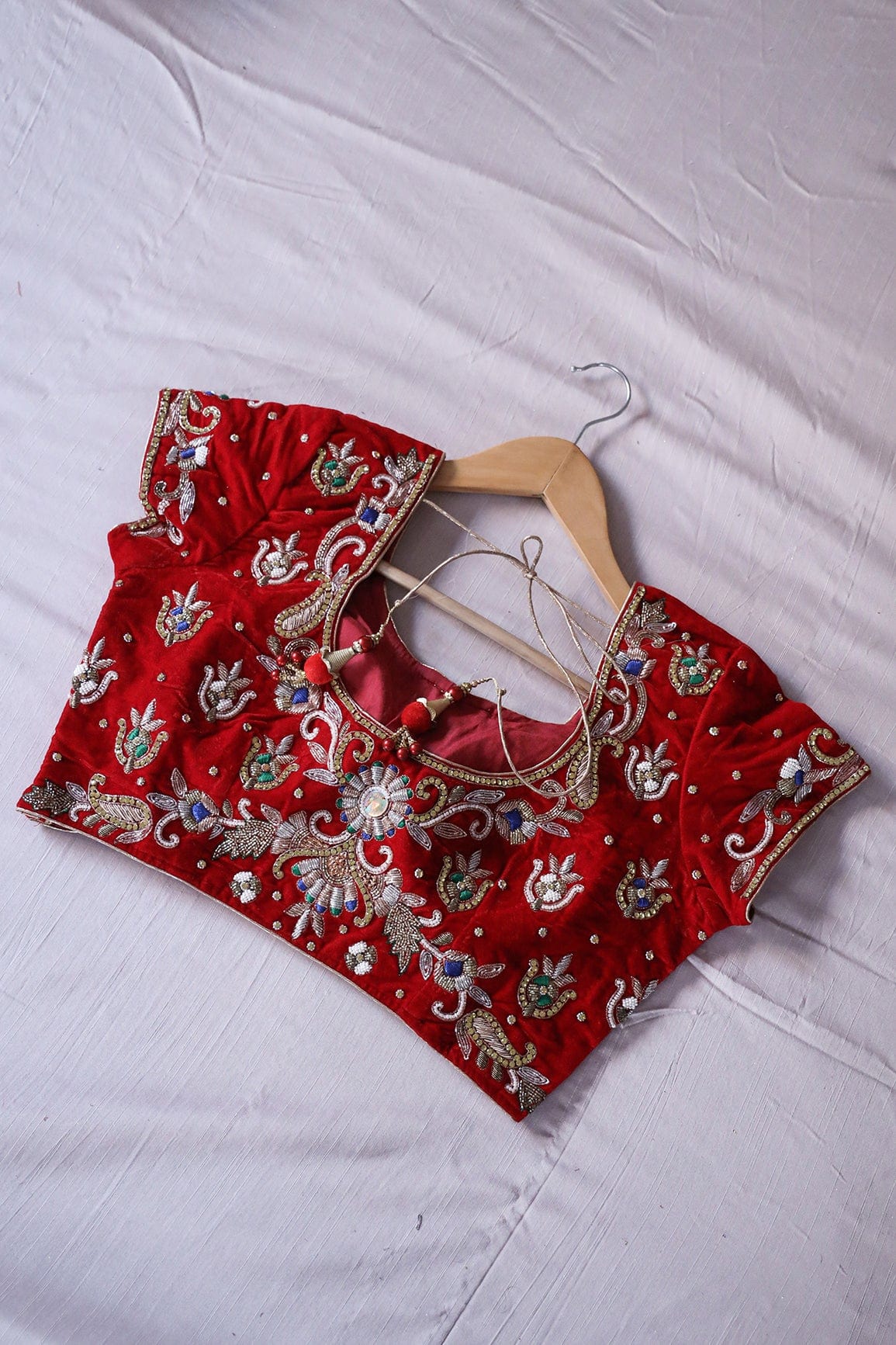 Red Hand Work Embroidery Velvet Stitched Blouse - doeraa