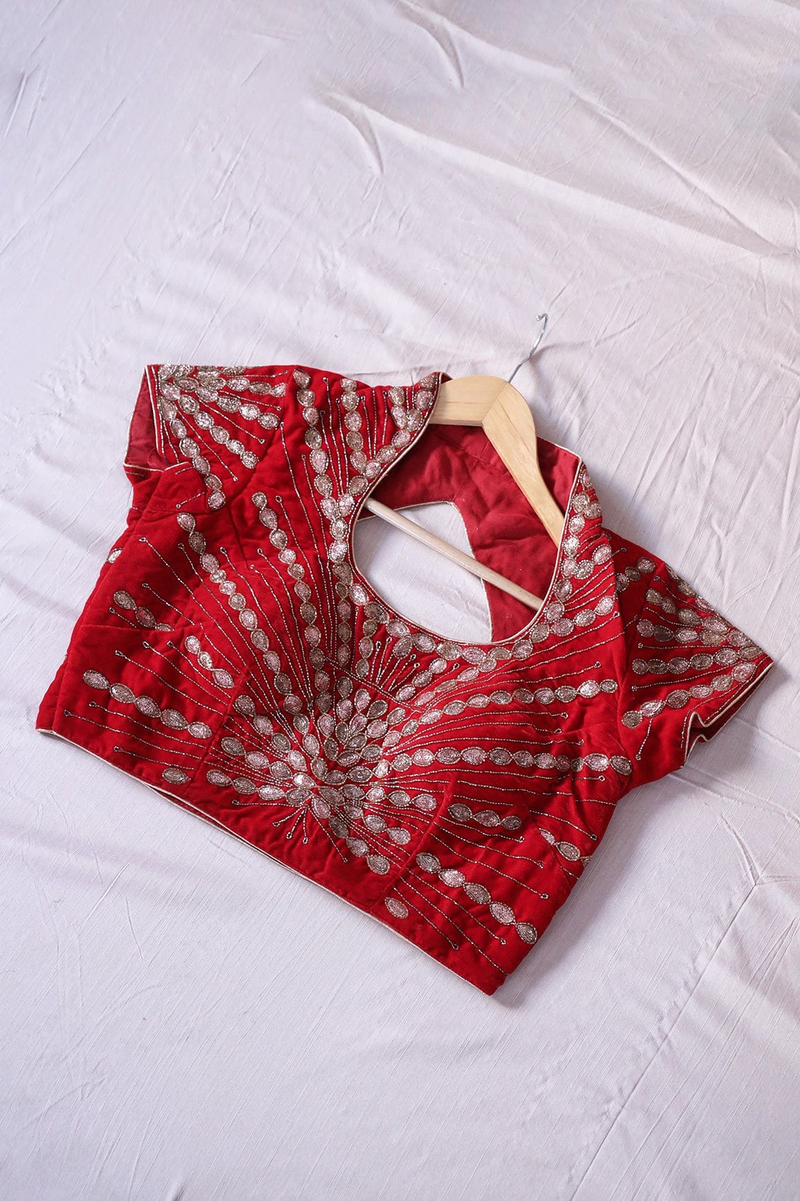 Red Hand Work Embroidery Velvet Stitched Blouse - doeraa