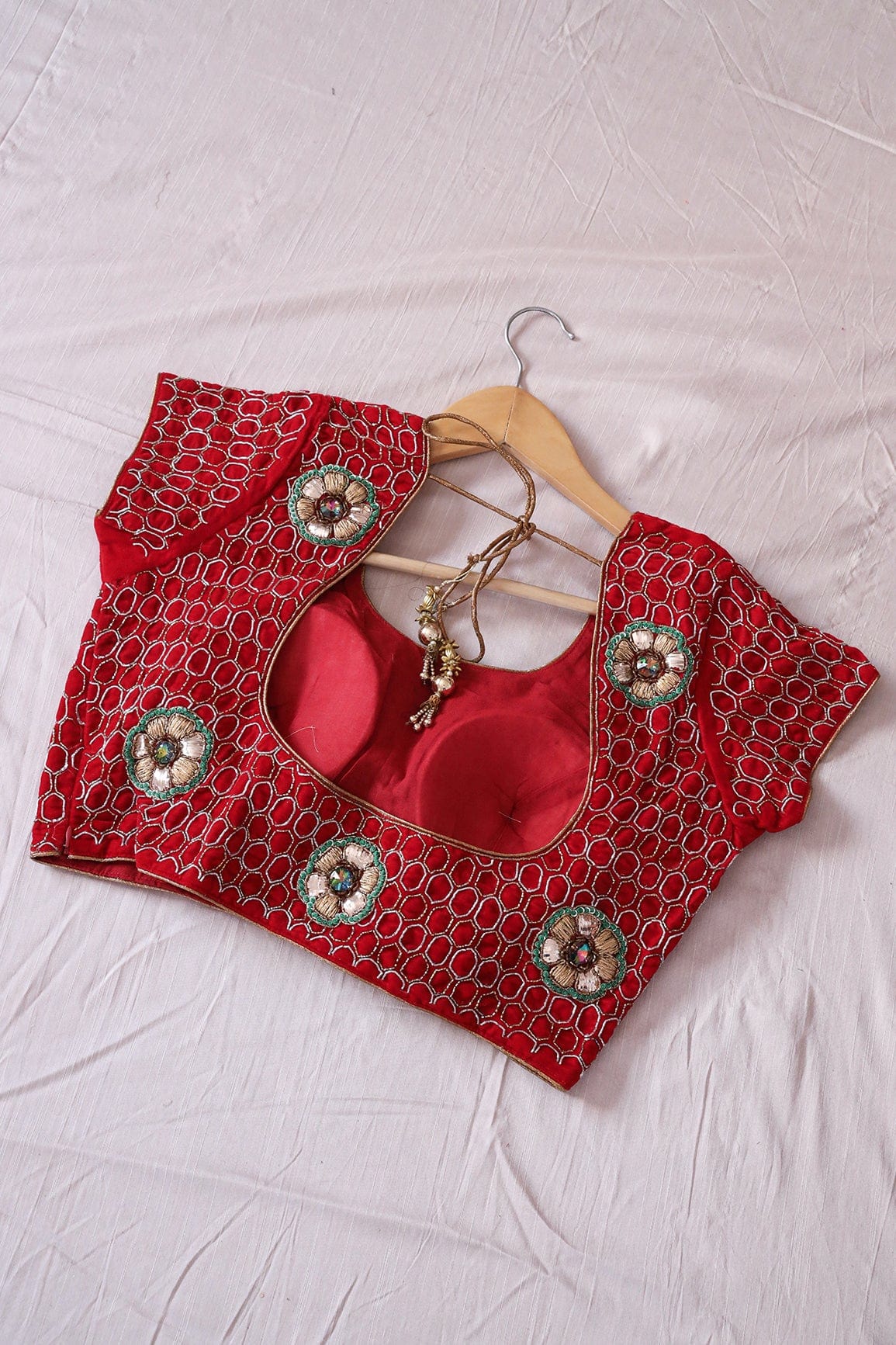 Red Hand Work Embroidery Velvet Stitched Blouse - doeraa