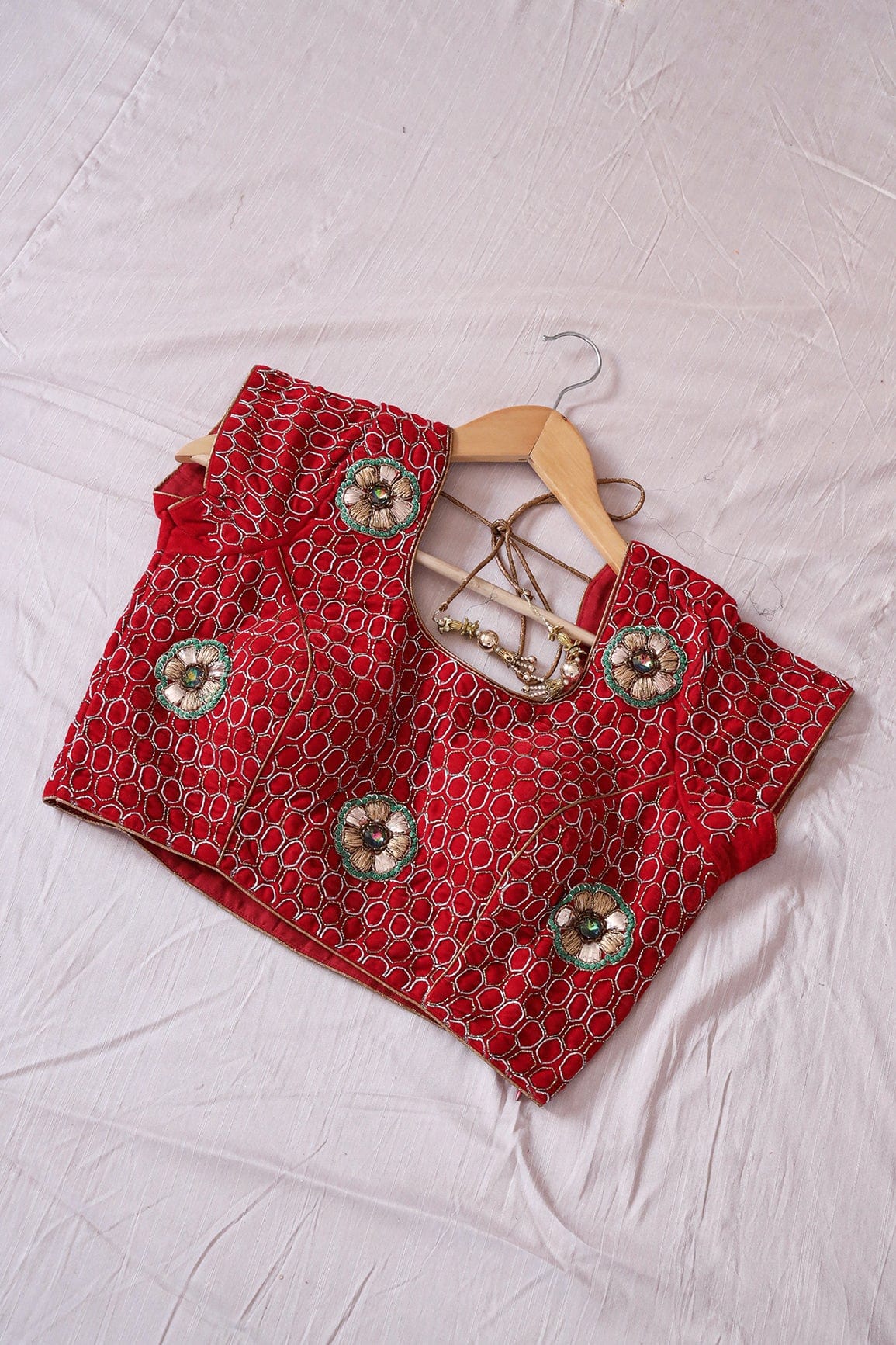 Red Hand Work Embroidery Velvet Stitched Blouse - doeraa