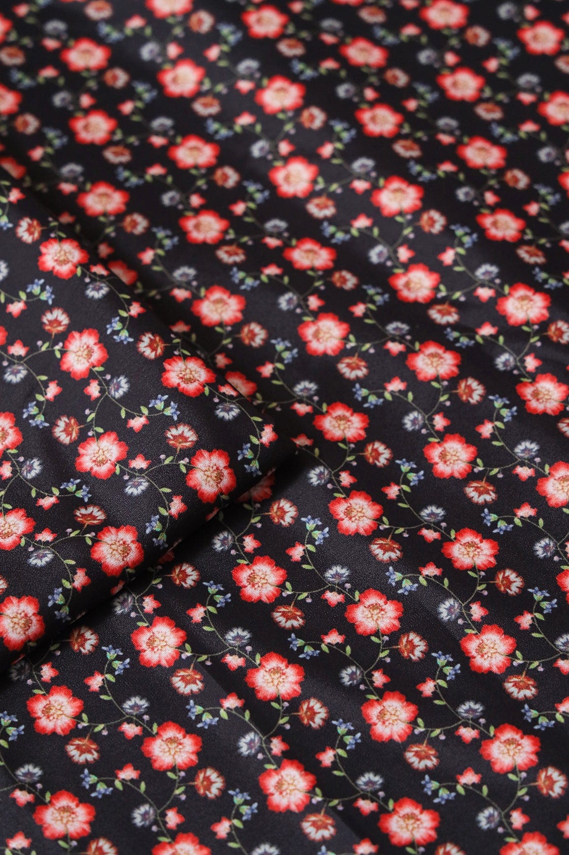 Red Small Floral Pattern Digital Print On Black French Crepe Fabric - doeraa