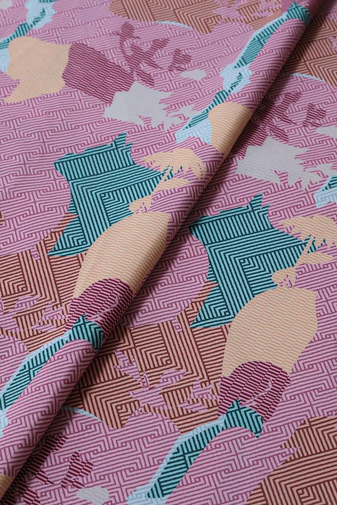 Rose Pink And Brown Geometric Pattern Digital Print On French Crepe Fabric - doeraa