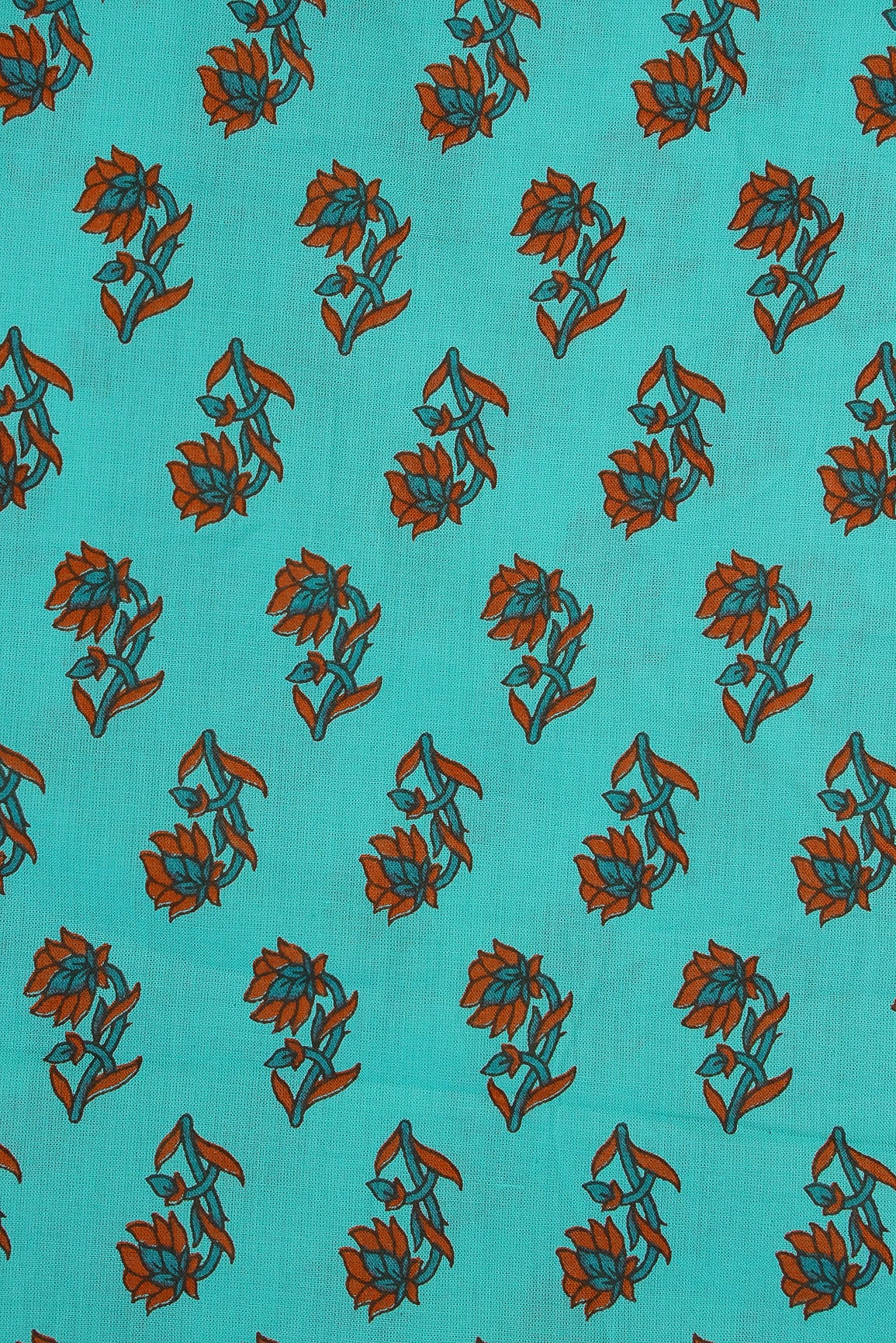 Sea Blue Floral Motif Screen Print on organic Cotton Fabric - doeraa