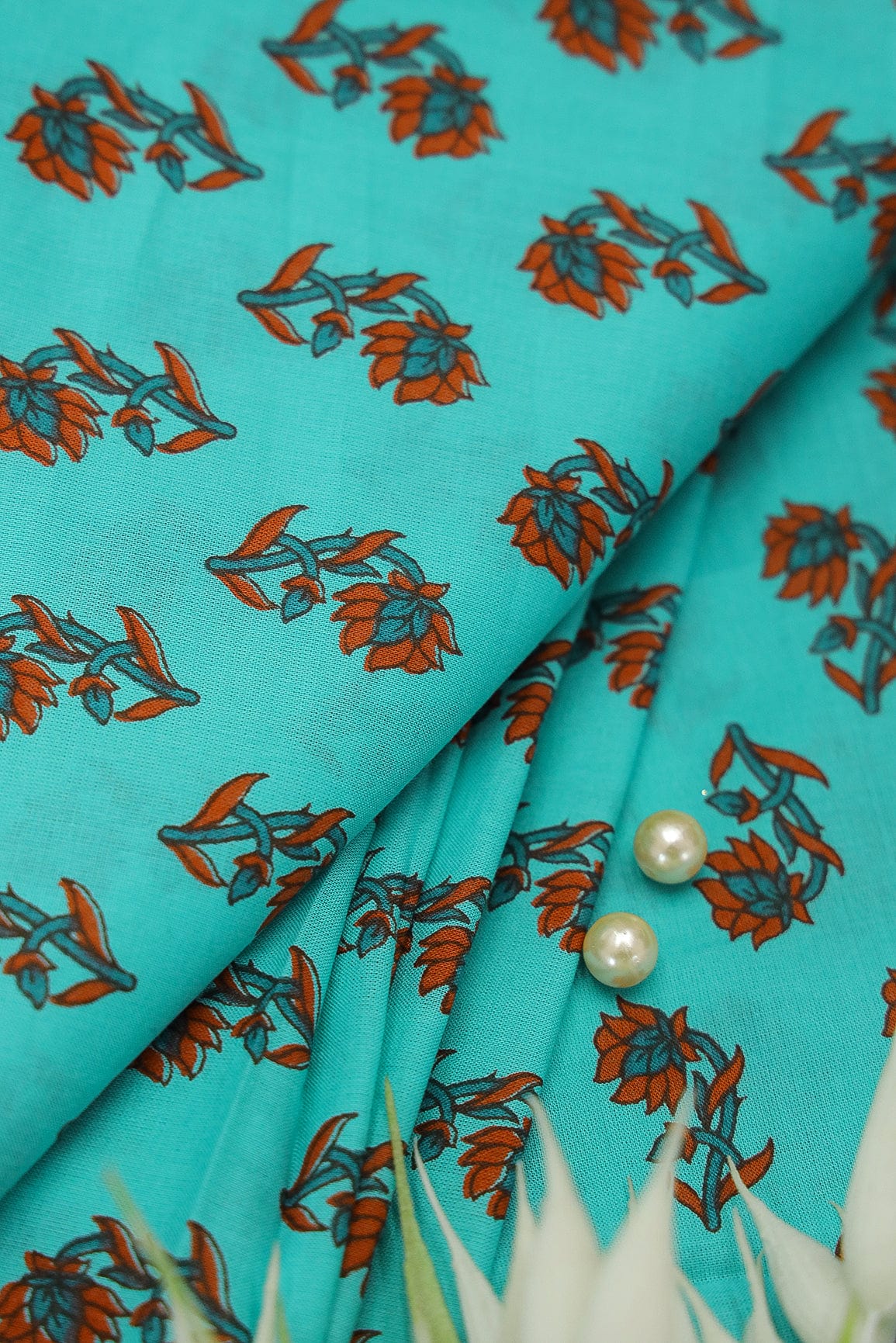 Sea Blue Floral Motif Screen Print on organic Cotton Fabric - doeraa