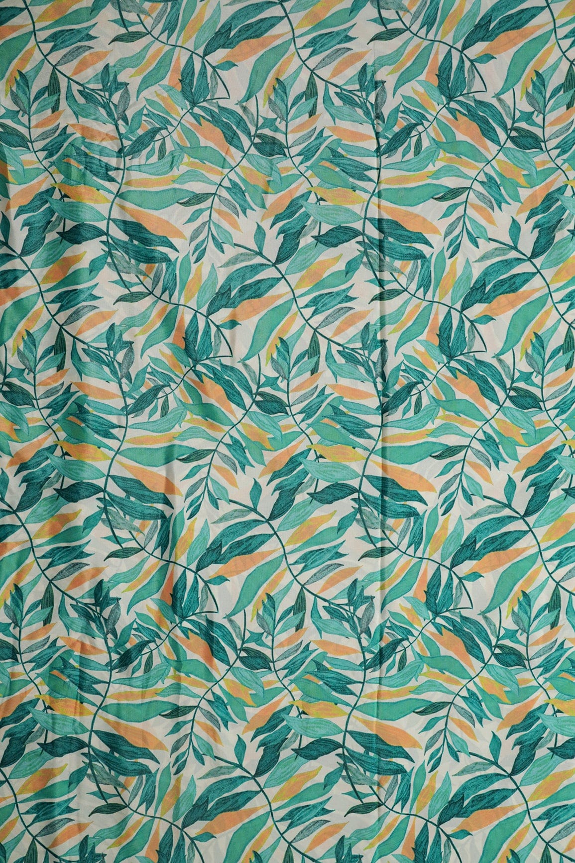 Teal And Yellow Leafy Pattern Digital Print On White Crepe Fabric - doeraa