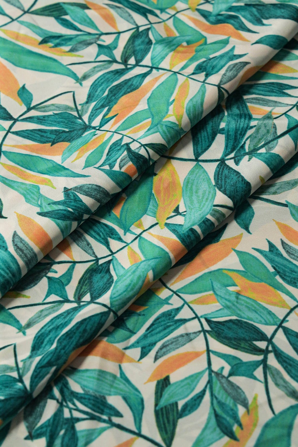 Teal And Yellow Leafy Pattern Digital Print On White Crepe Fabric - doeraa