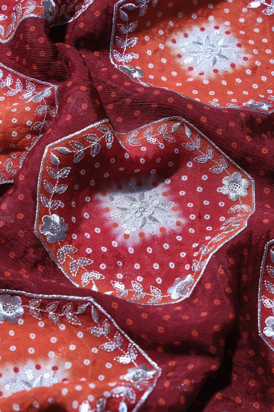 Trendy Bandhani Position Print On Sequins Embroidery Maroon Viscose Chinnon Chiffon Fabric - doeraa