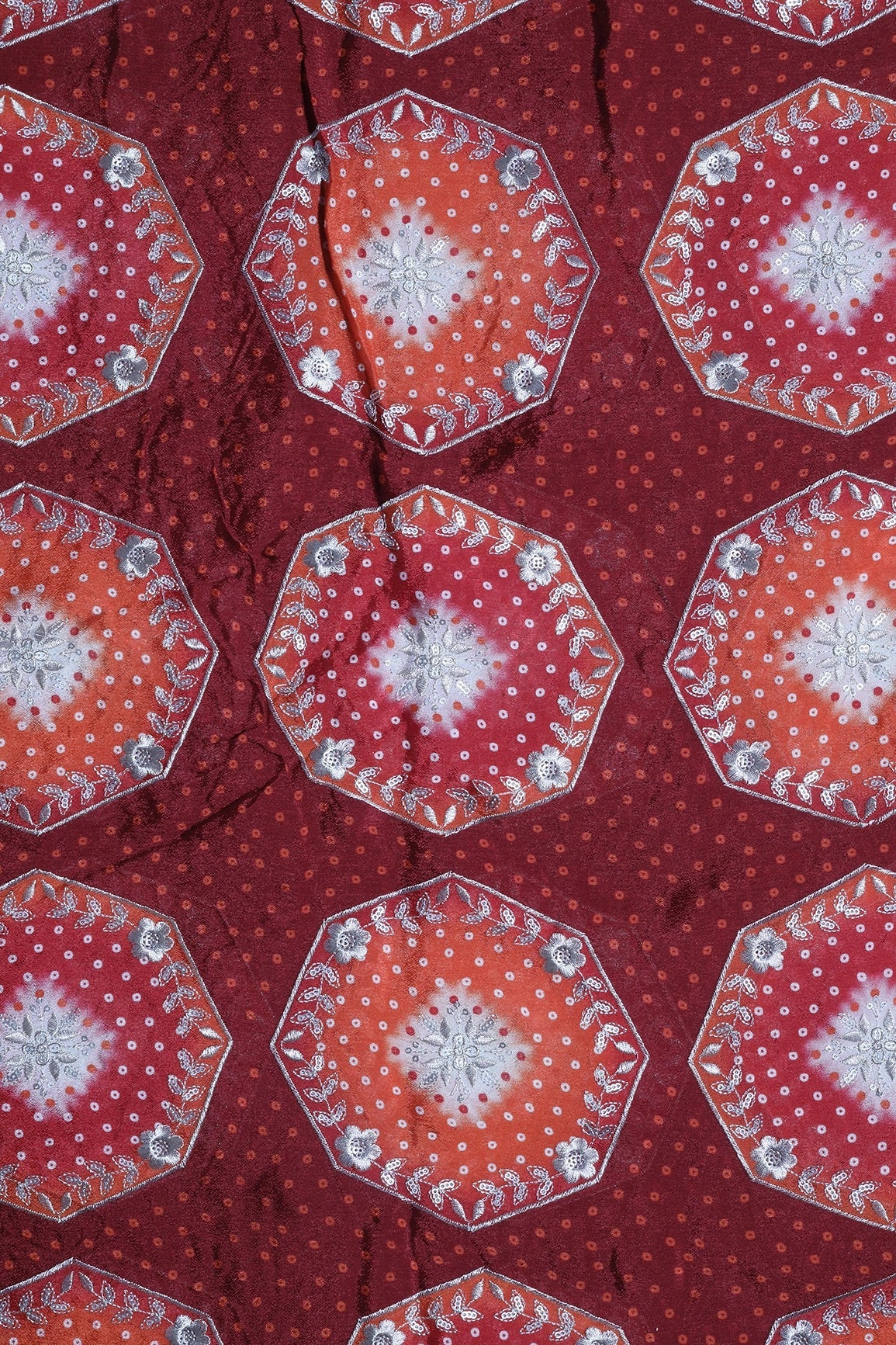 Trendy Bandhani Position Print On Sequins Embroidery Maroon Viscose Chinnon Chiffon Fabric - doeraa