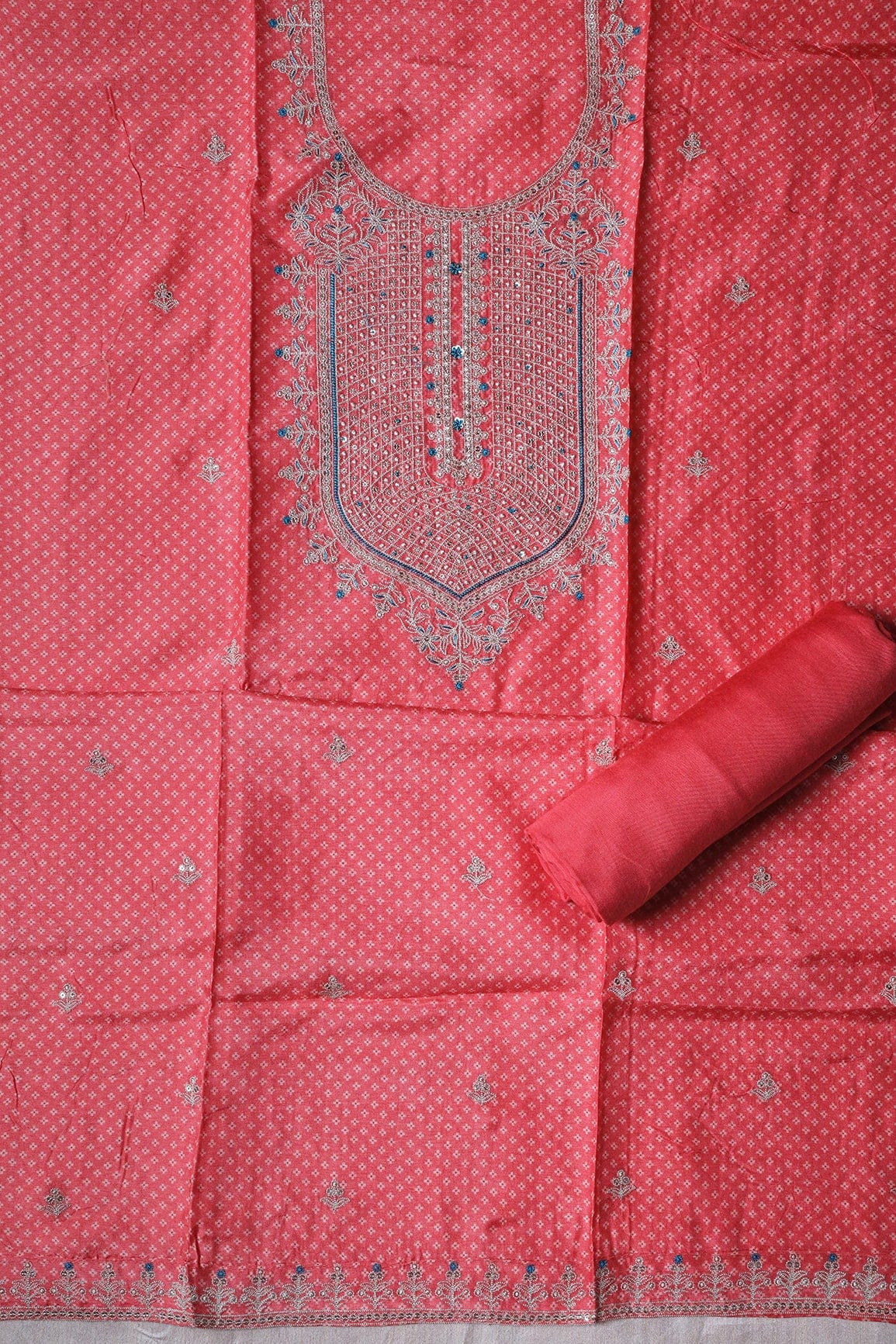 Watermelon Pink Semi Stitched Pure Dola Silk Suit Set (3 piece) - doeraa