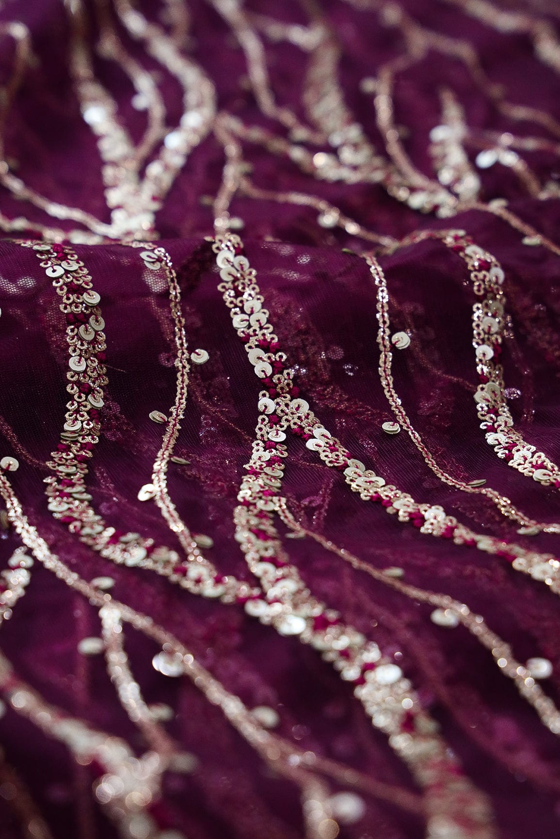 Wavy Gold Sequins Embroidery on Wine Soft Net Fabric - doeraa