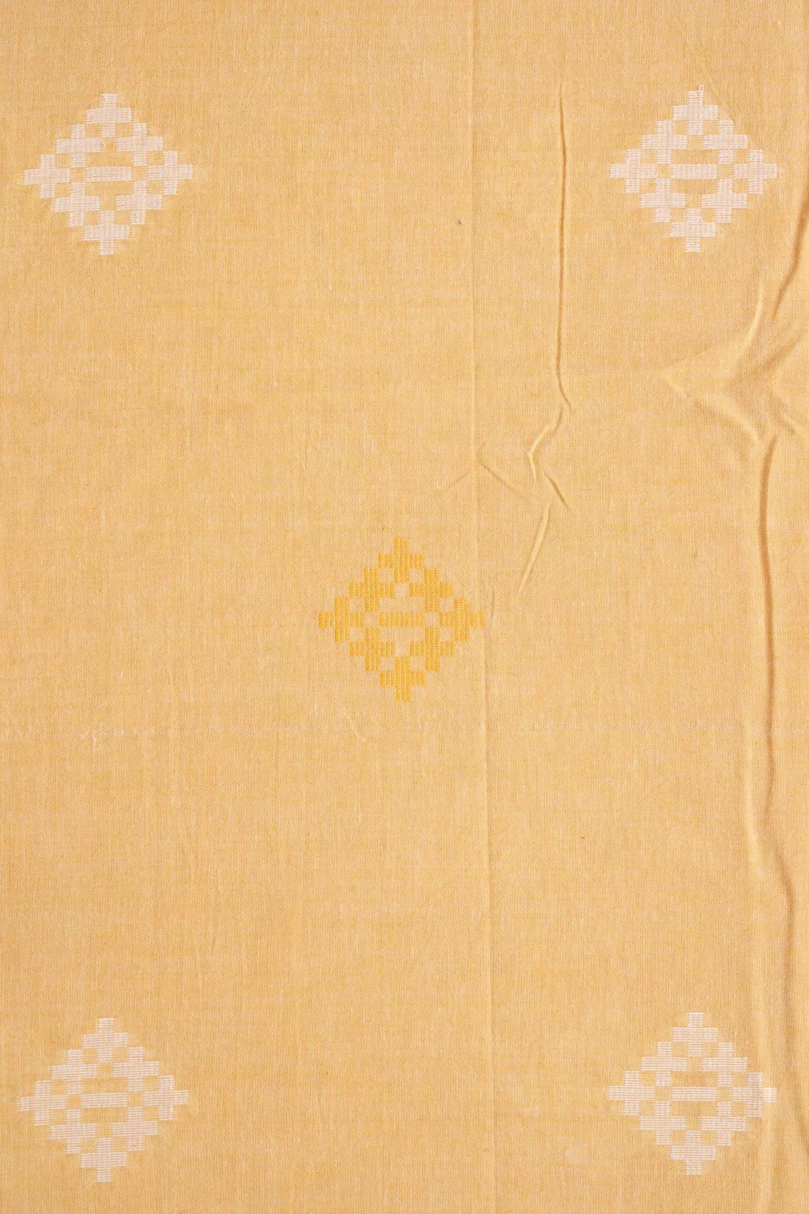 White And Mellow Yellow Small Booti Pattern Handwoven Organic Cotton Fabric - doeraa