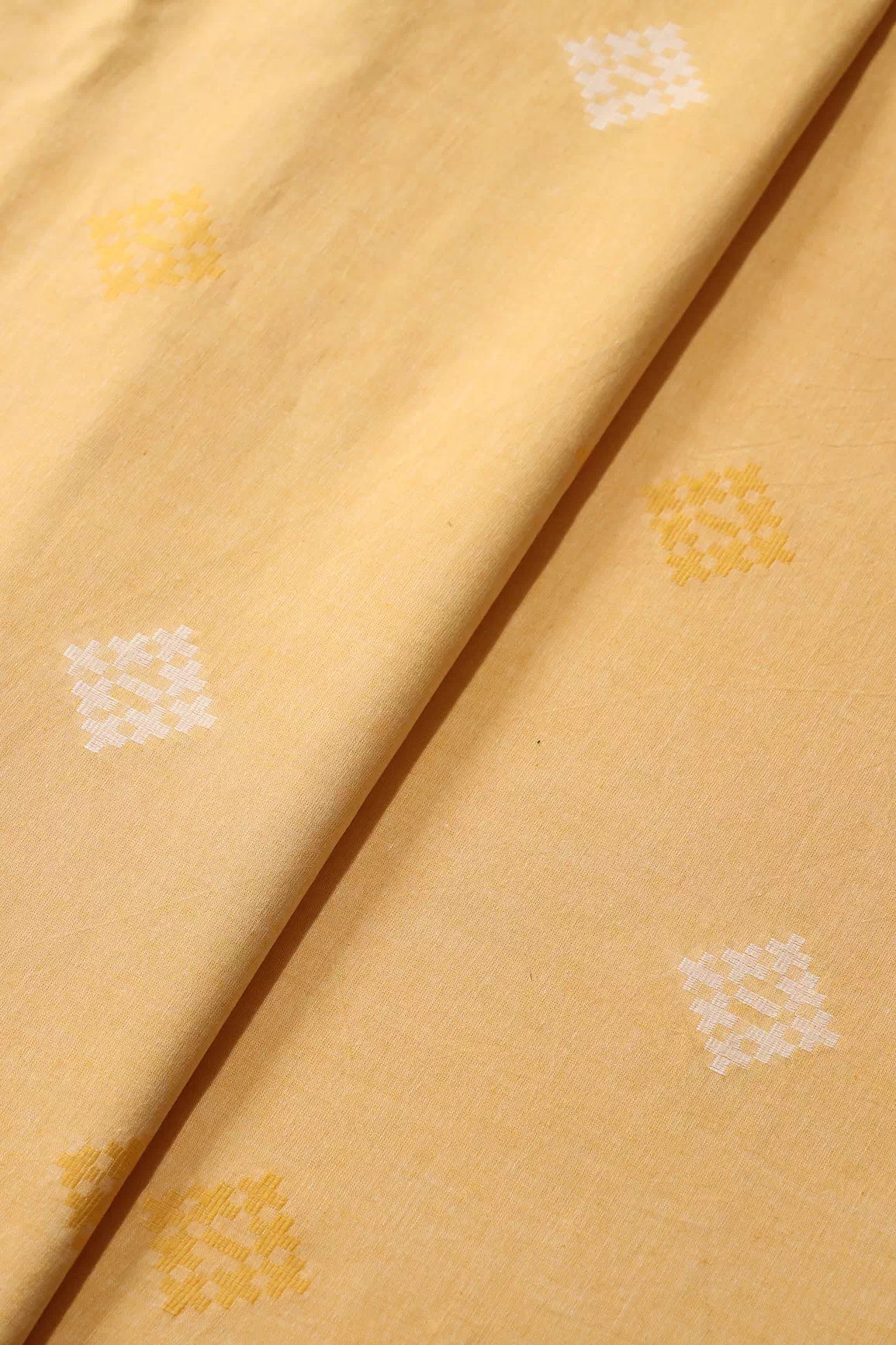 White And Mellow Yellow Small Booti Pattern Handwoven Organic Cotton Fabric - doeraa