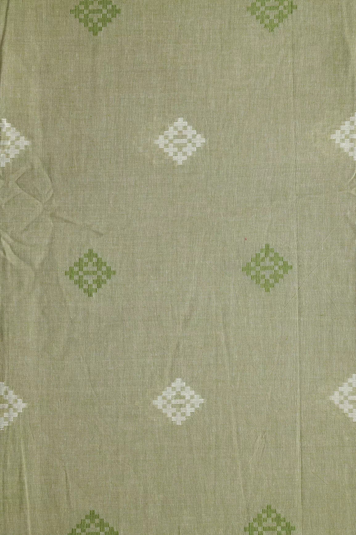 White And Olive Small Booti Pattern Handwoven Organic Cotton Fabric - doeraa