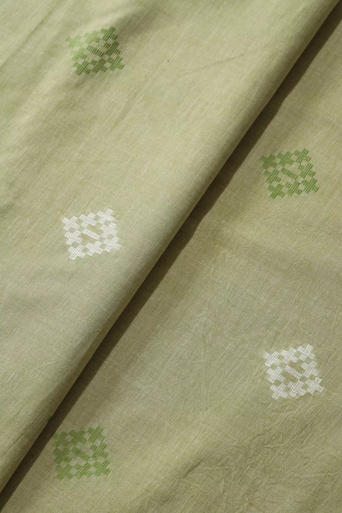 White And Olive Small Booti Pattern Handwoven Organic Cotton Fabric - doeraa