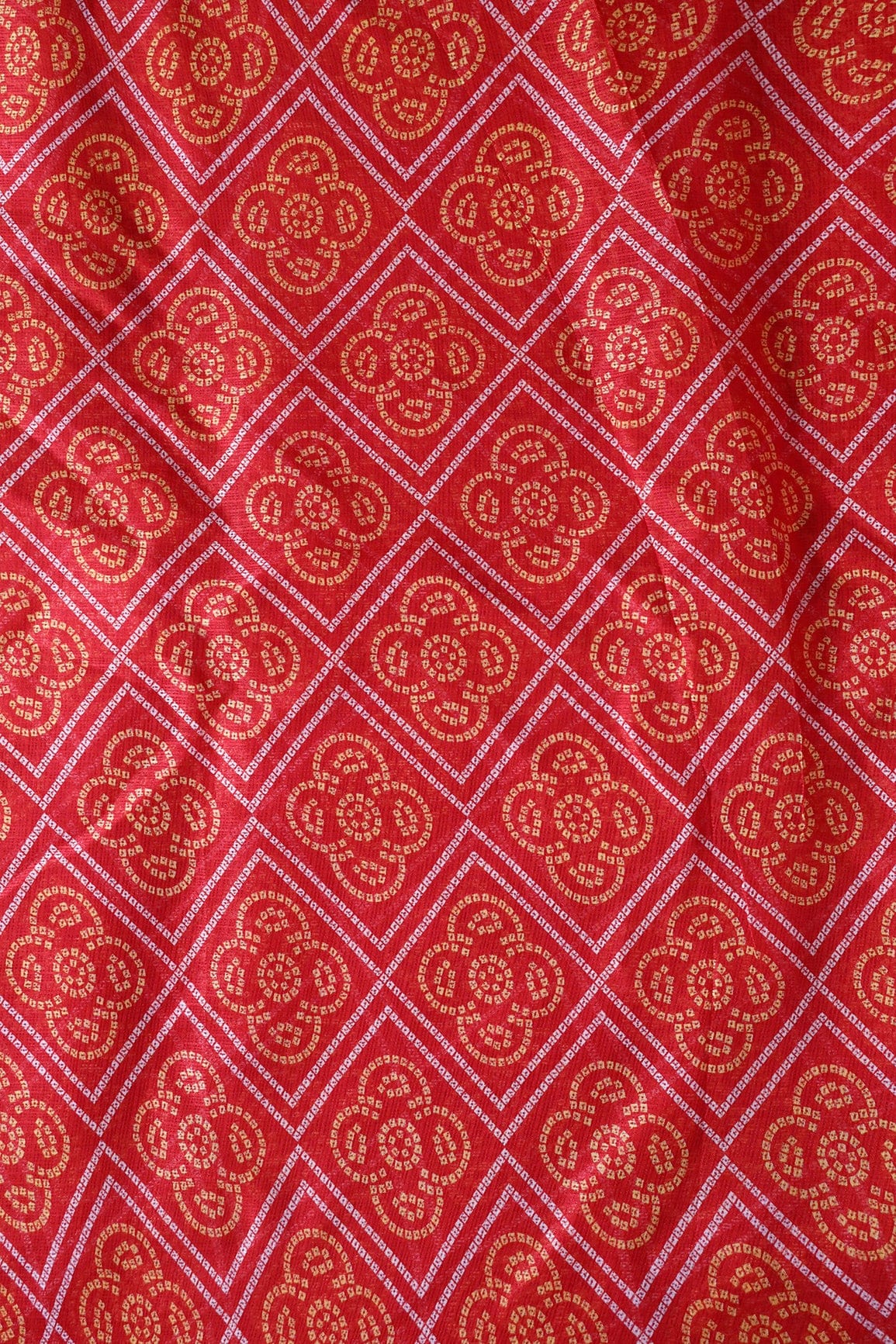 White And Yellow Bandhani Print On Red Kota Doria Fabric - doeraa