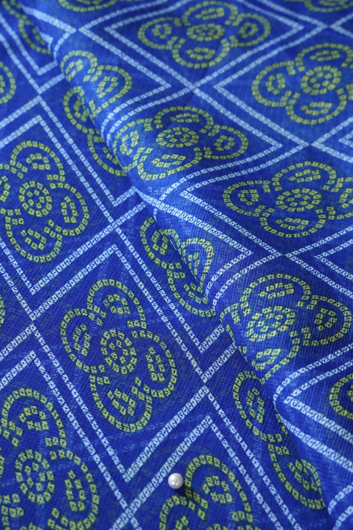 White And Yellow Bandhani Print On Royal Blue Kota Doria Fabric - doeraa
