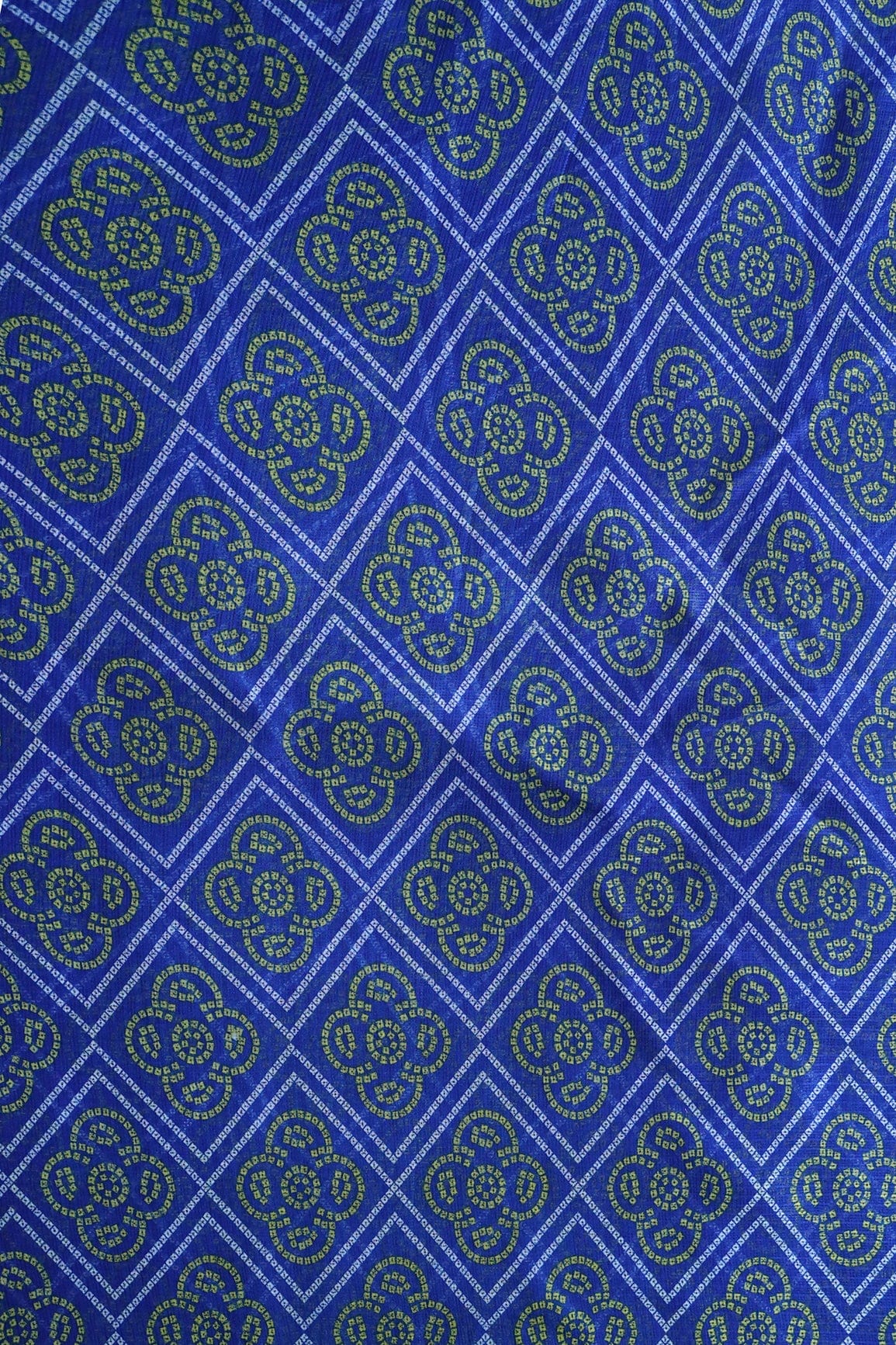 White And Yellow Bandhani Print On Royal Blue Kota Doria Fabric - doeraa