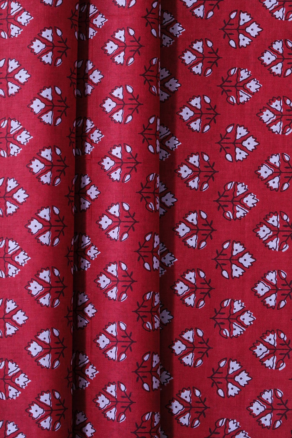 White Floral Booti Pattern Print On Red Pure Cotton Fabric - doeraa