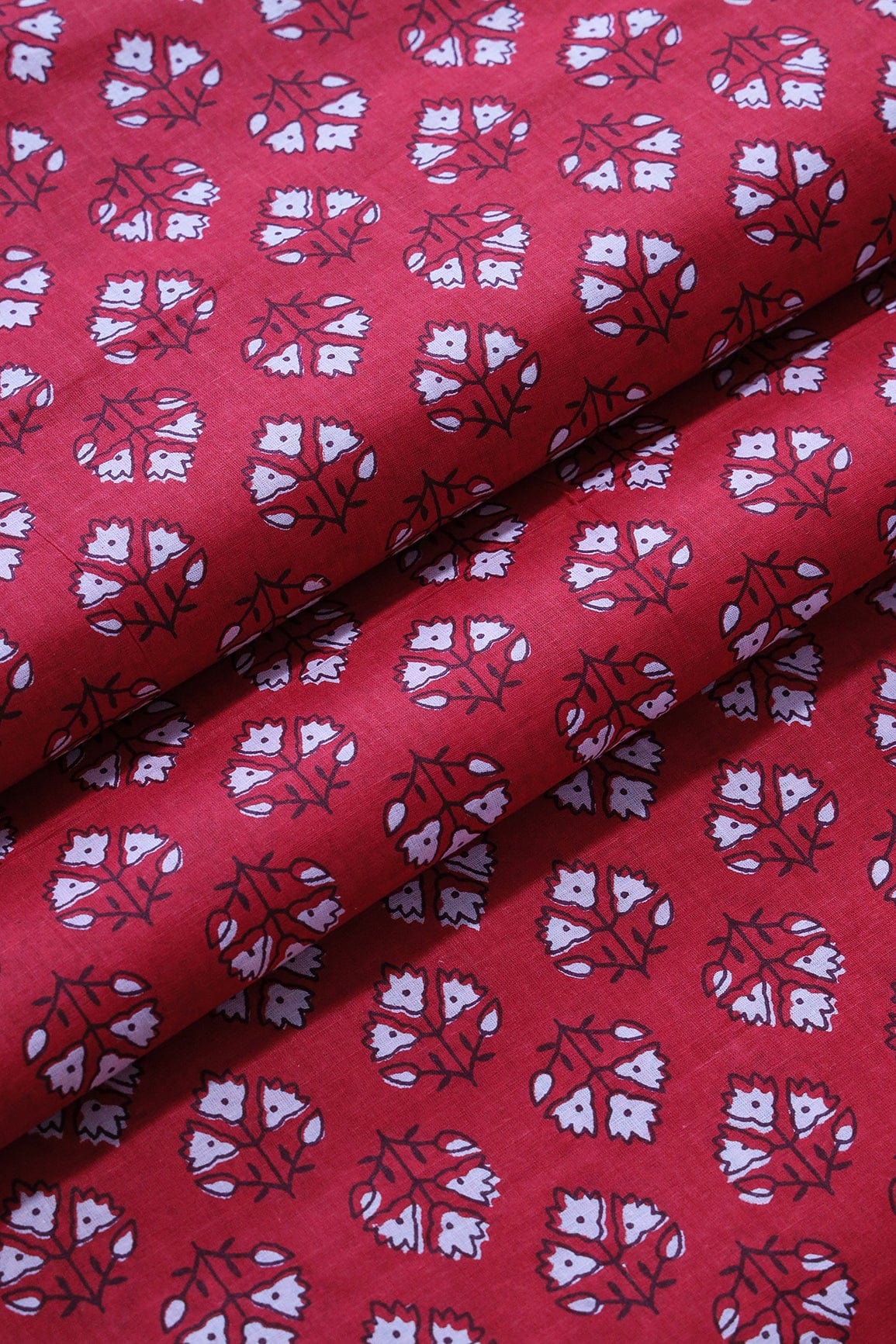 White Floral Booti Pattern Print On Red Pure Cotton Fabric - doeraa