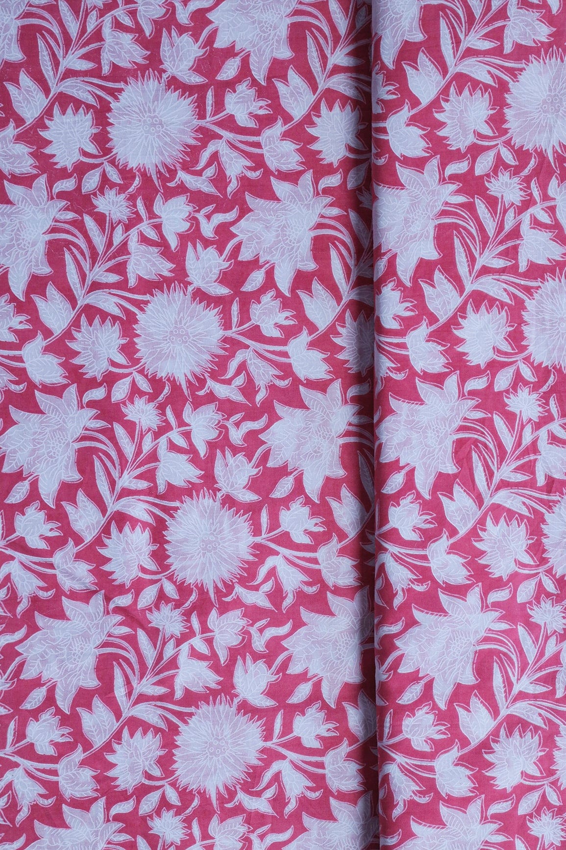 White Floral Print On Creamy Pink Pure Cotton Fabric - doeraa