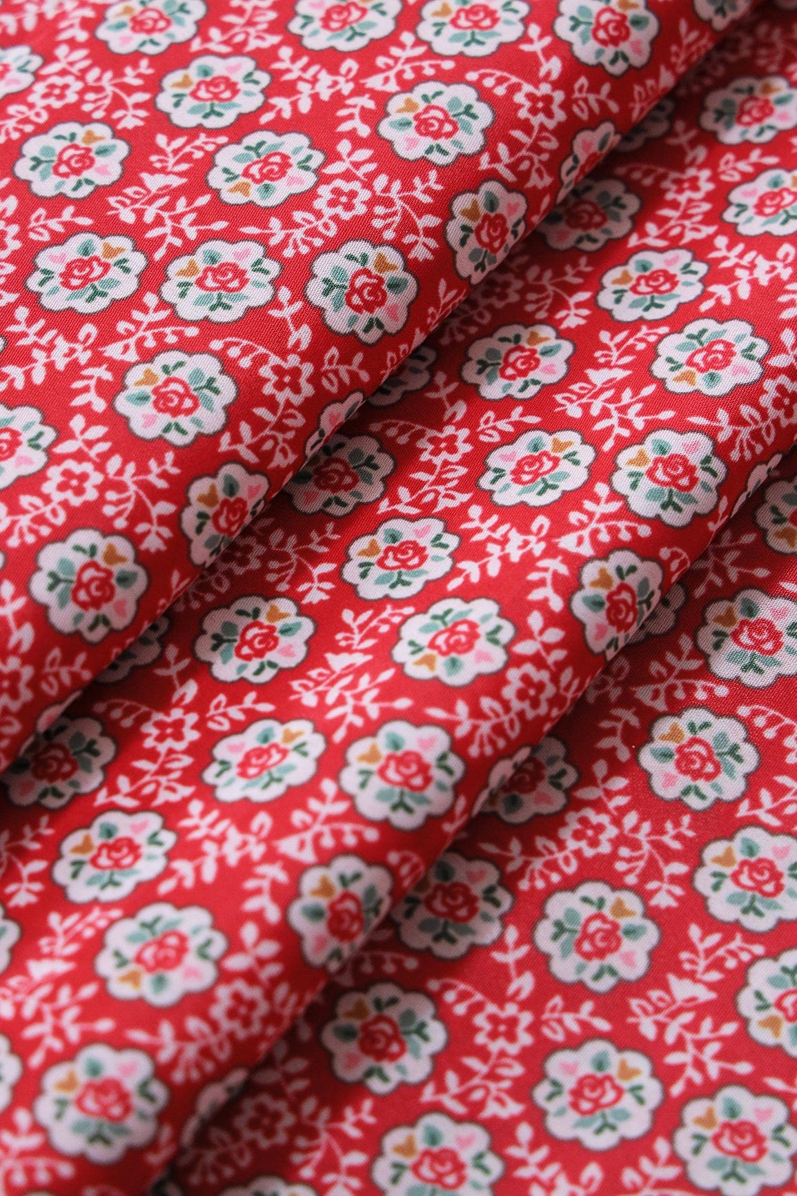 White Small Floral Pattern Digital Print On Red French Crepe Fabric - doeraa