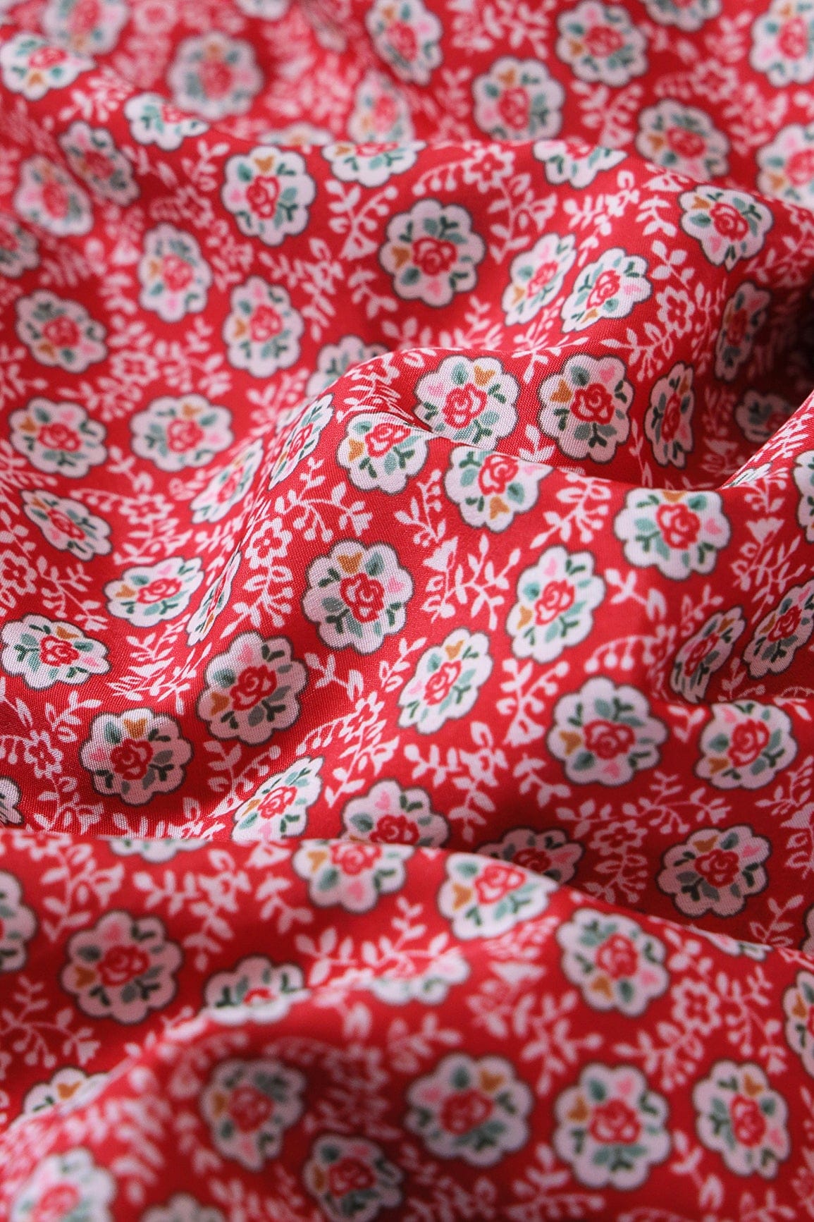 White Small Floral Pattern Digital Print On Red French Crepe Fabric - doeraa