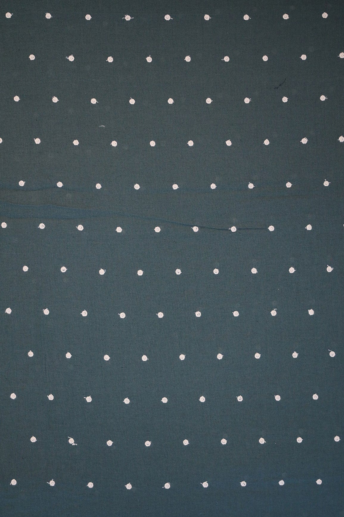White Thread Small Polka Embroidery Work On Dark Peacock Green Flex Cotton Fabric - doeraa