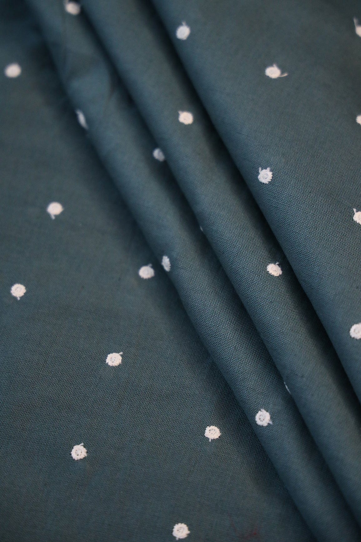 White Thread Small Polka Embroidery Work On Dark Peacock Green Flex Cotton Fabric - doeraa